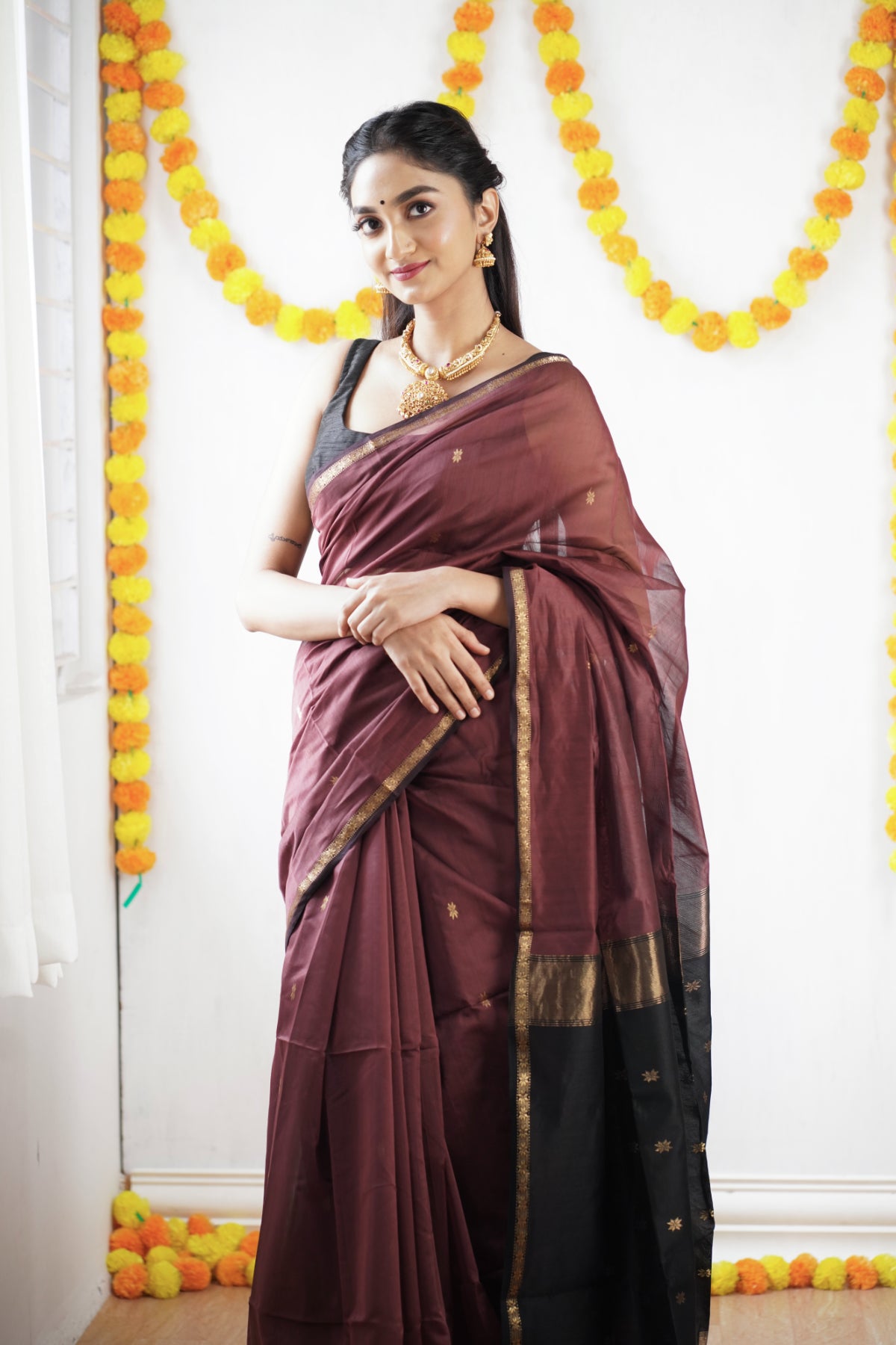 Ethnic Mustard Maheshwari Silk Cotton Handloom Saree