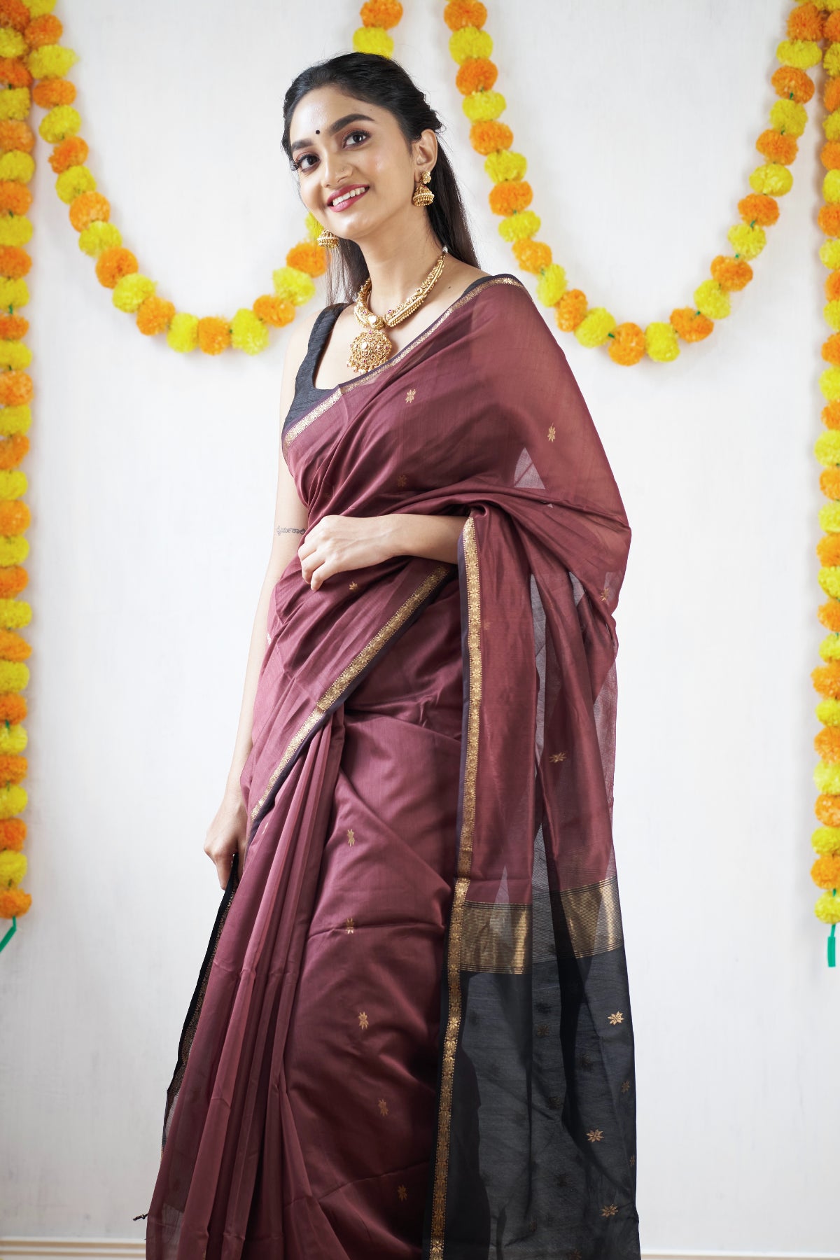Ethnic Mustard Maheshwari Silk Cotton Handloom Saree