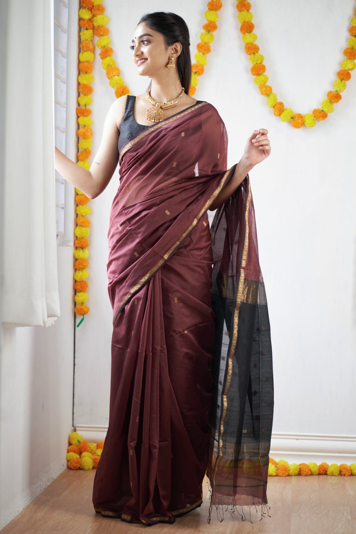 Ethnic Mustard Maheshwari Silk Cotton Handloom Saree