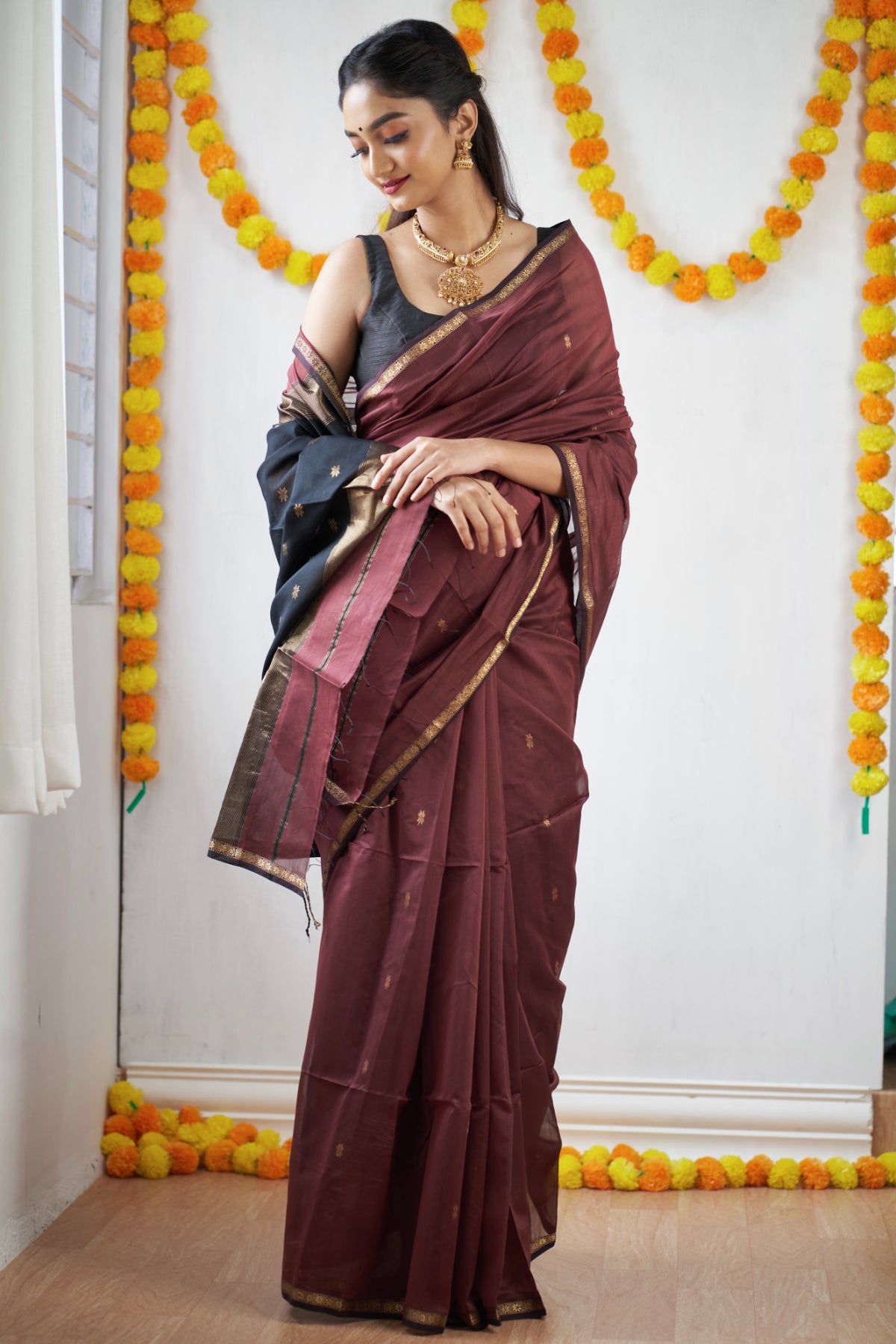 Ethnic Mustard Maheshwari Silk Cotton Handloom Saree