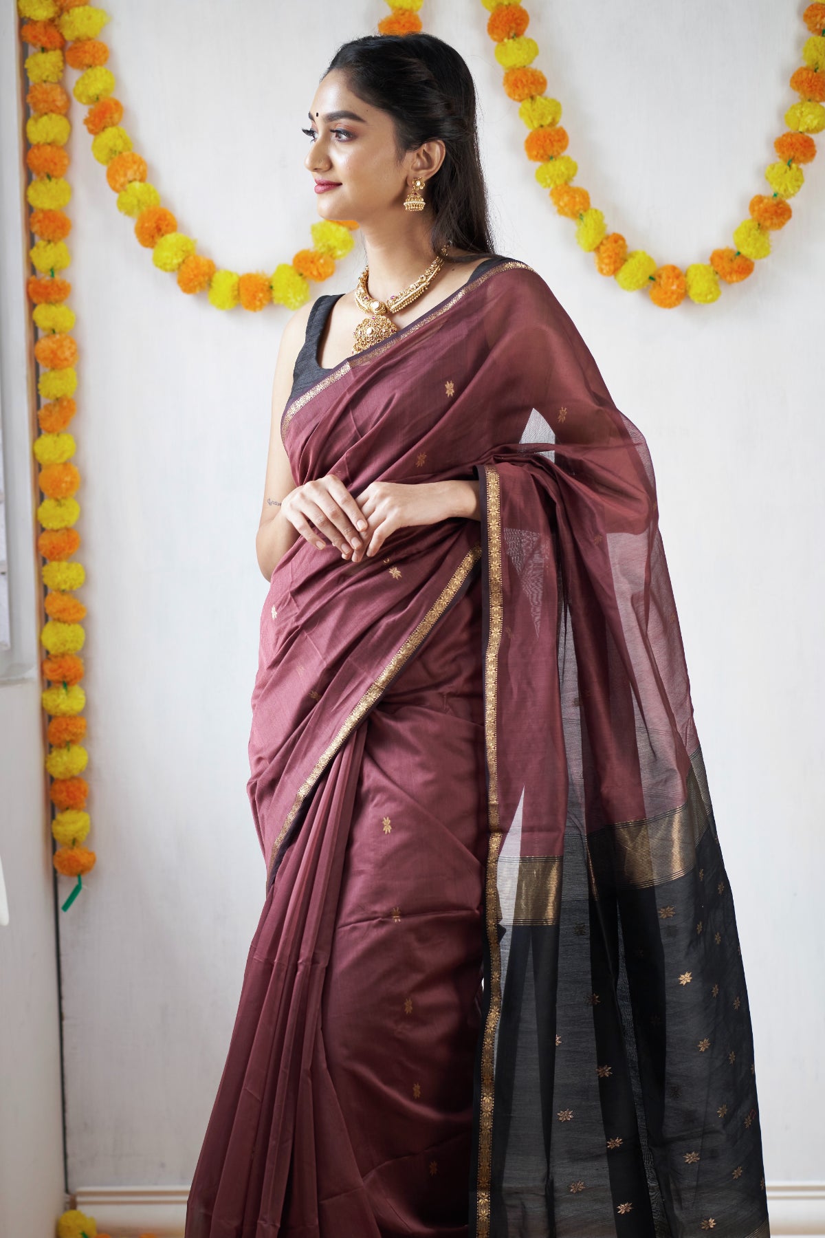 Ethnic Mustard Maheshwari Silk Cotton Handloom Saree