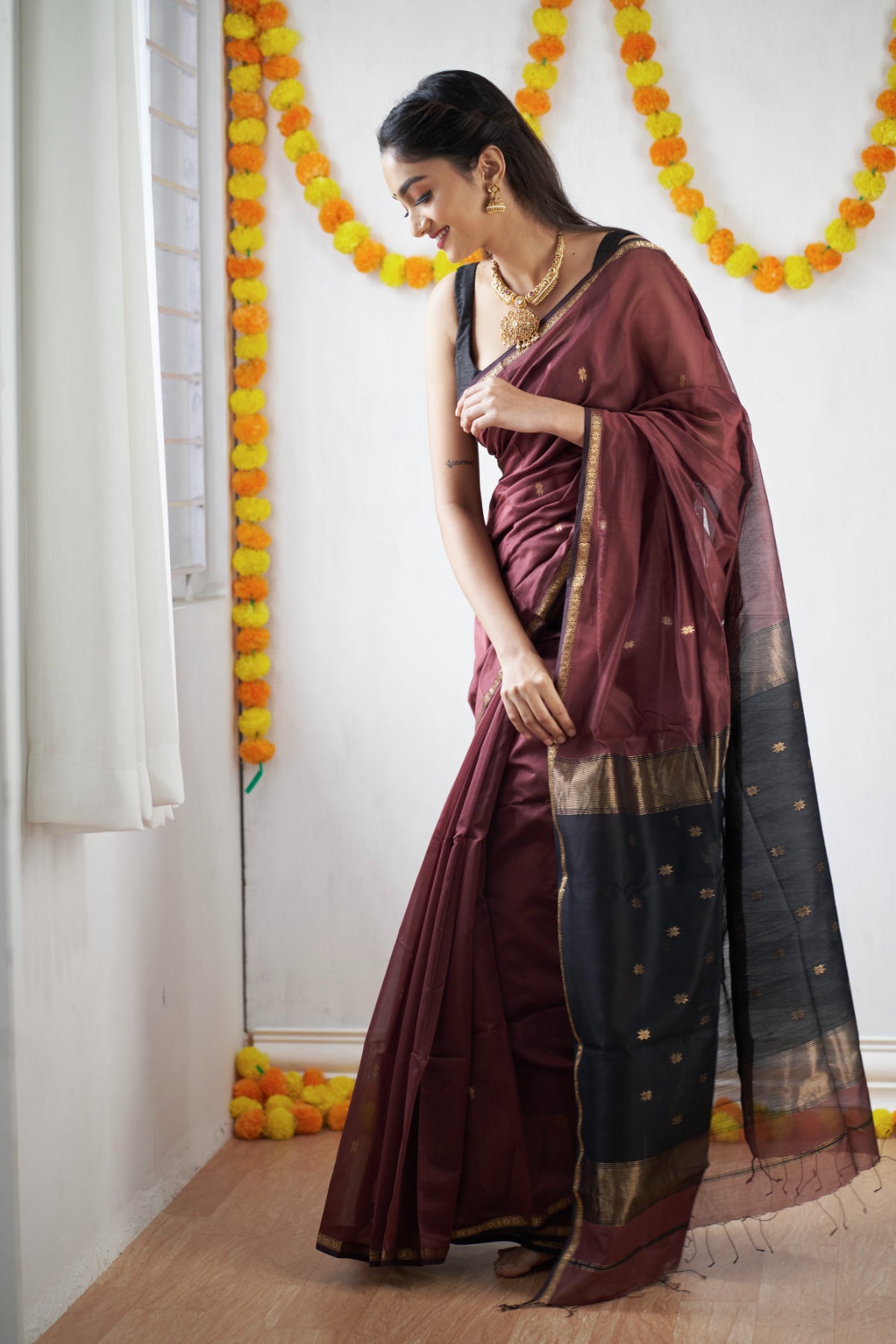 Ethnic Mustard Maheshwari Silk Cotton Handloom Saree