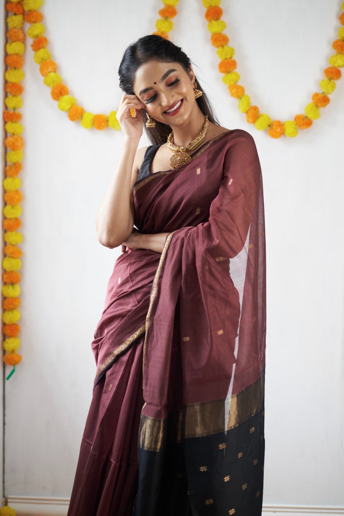 Ethnic Mustard Maheshwari Silk Cotton Handloom Saree