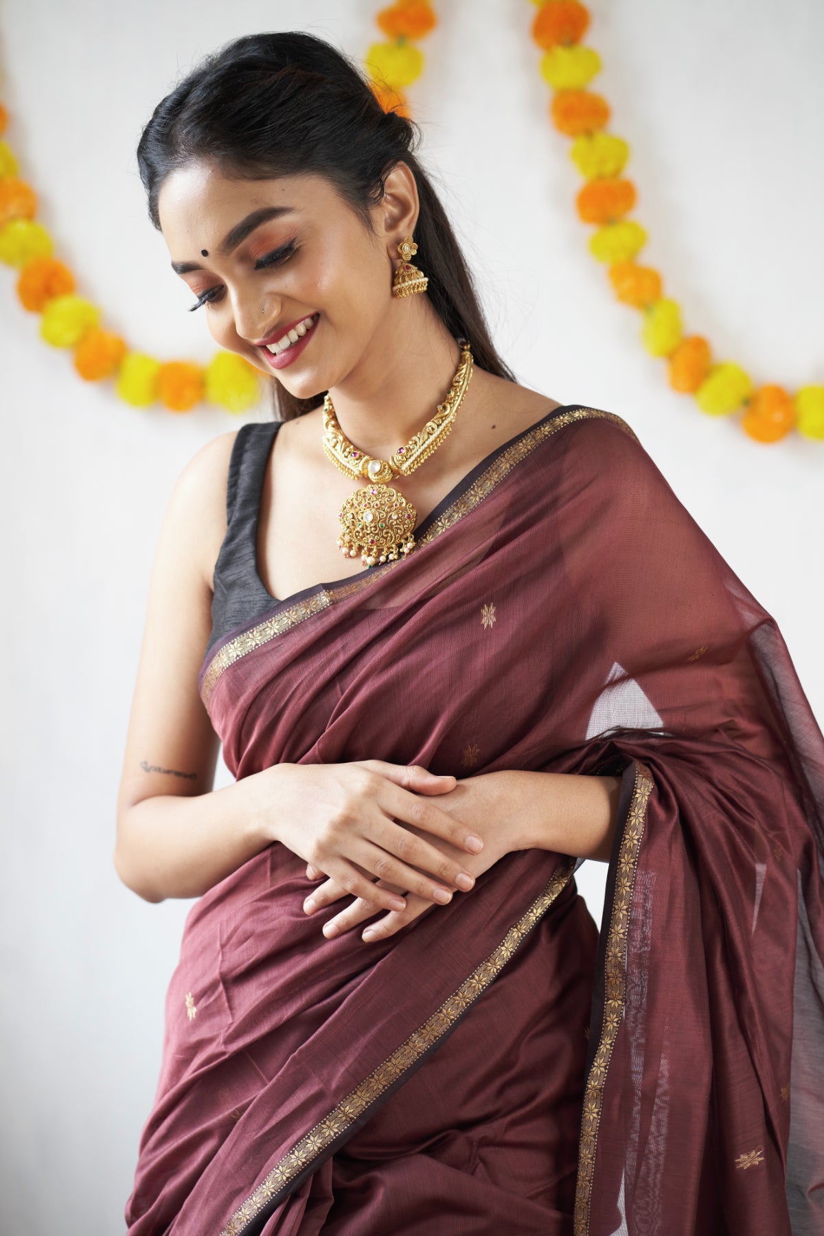 Ethnic Mustard Maheshwari Silk Cotton Handloom Saree