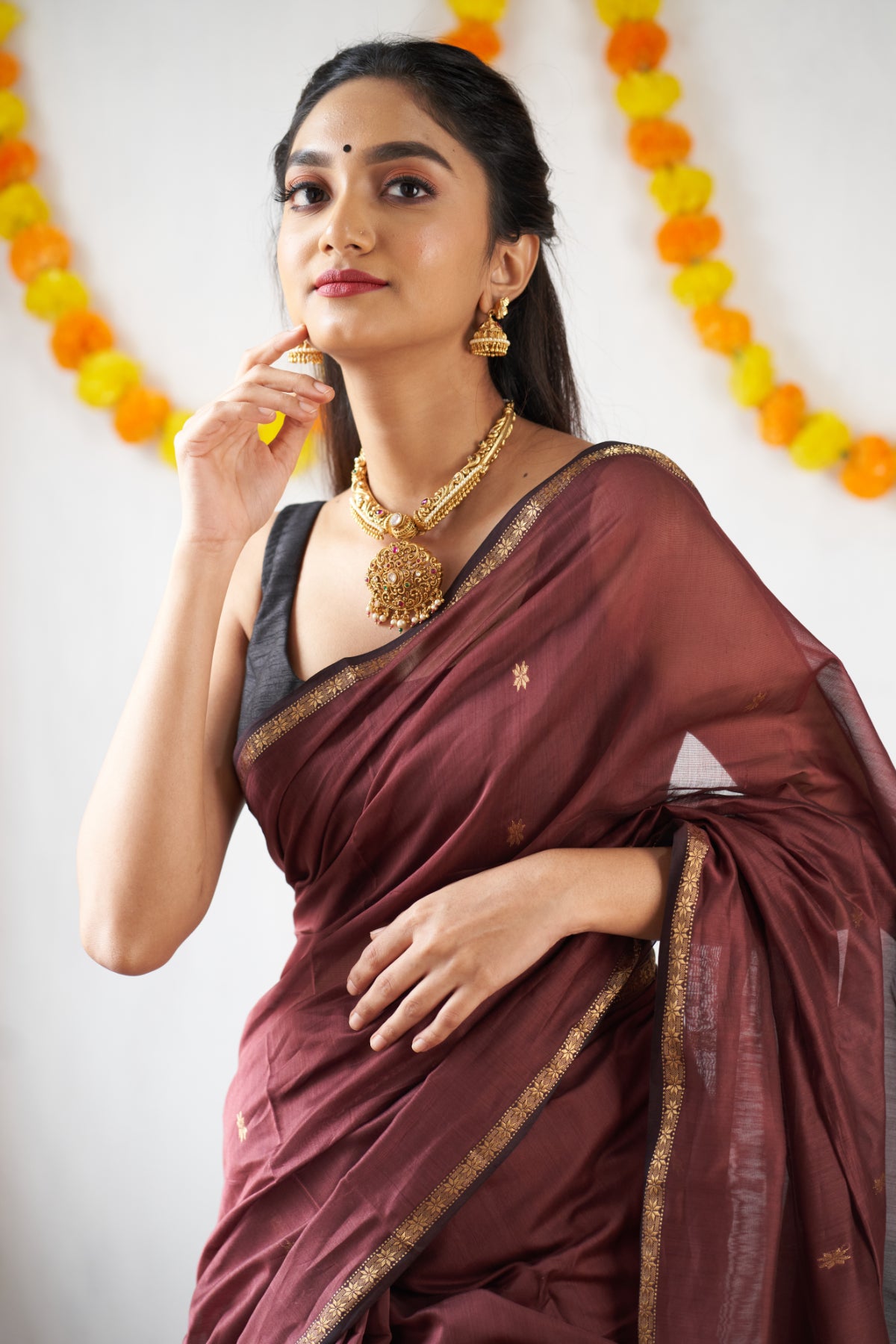 Ethnic Mustard Maheshwari Silk Cotton Handloom Saree