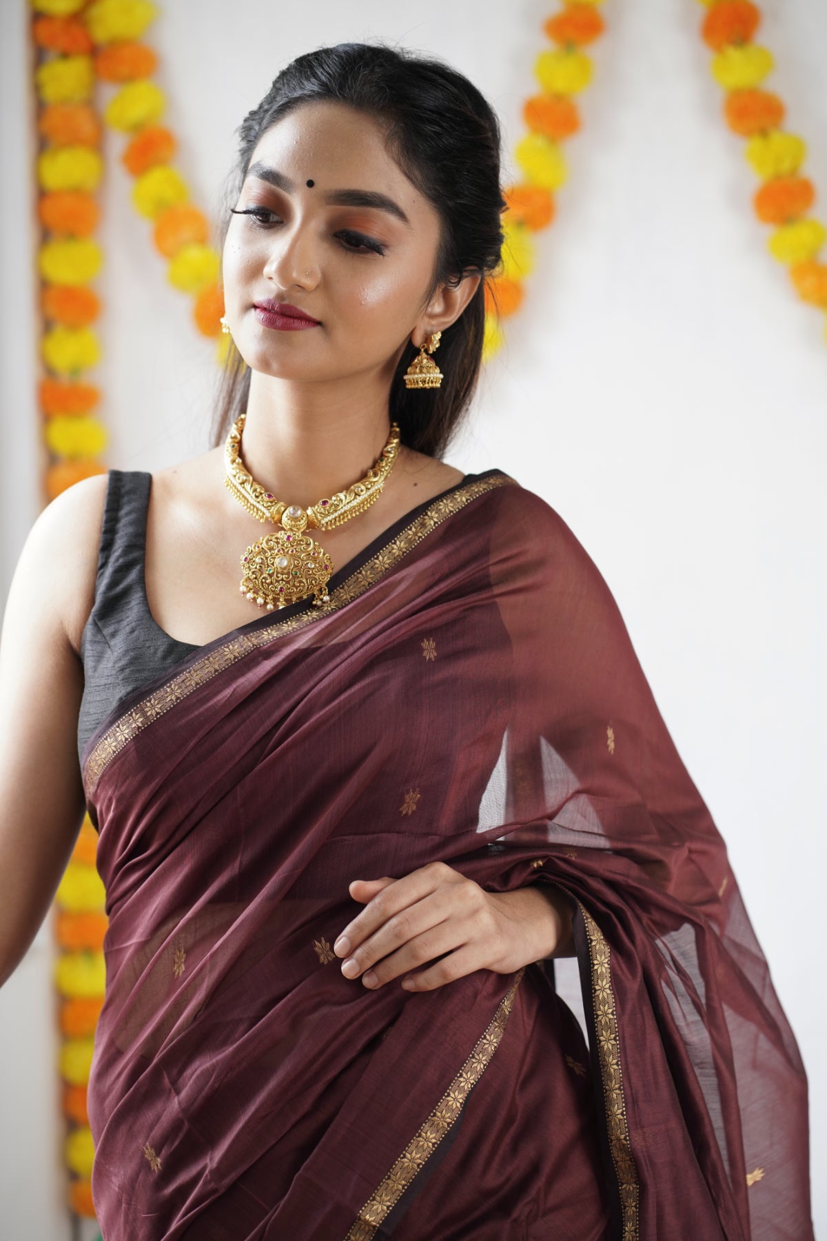 Ethnic Mustard Maheshwari Silk Cotton Handloom Saree