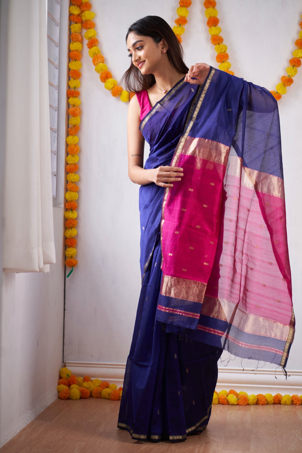 Ethnic Blue Maheshwari Silk Handloom Cotton Saree