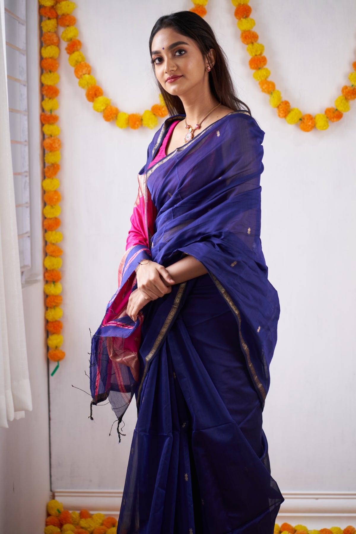 Ethnic Blue Maheshwari Silk Handloom Cotton Saree