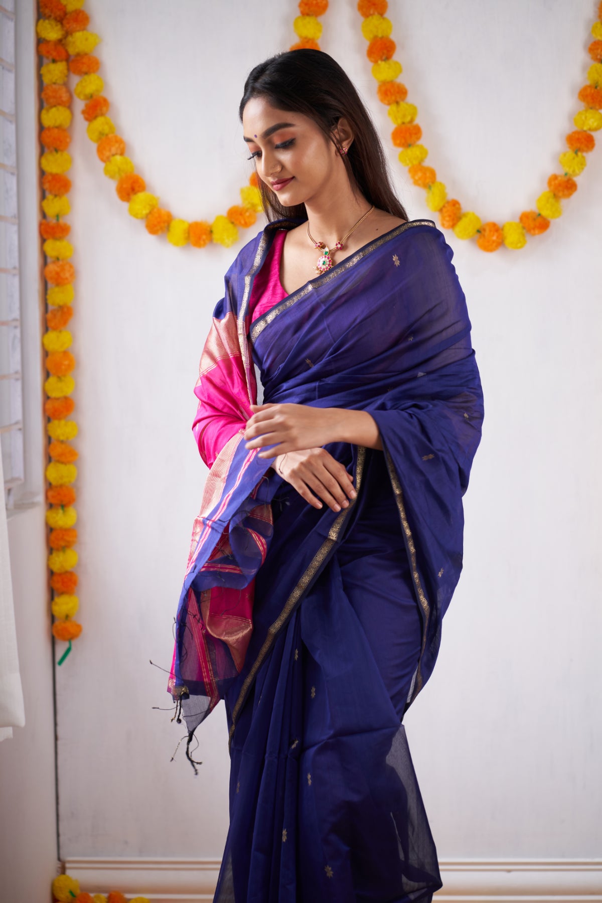 Ethnic Blue Maheshwari Silk Handloom Cotton Saree