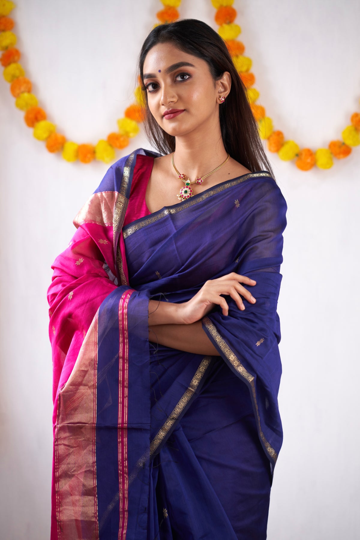 Ethnic Blue Maheshwari Silk Handloom Cotton Saree