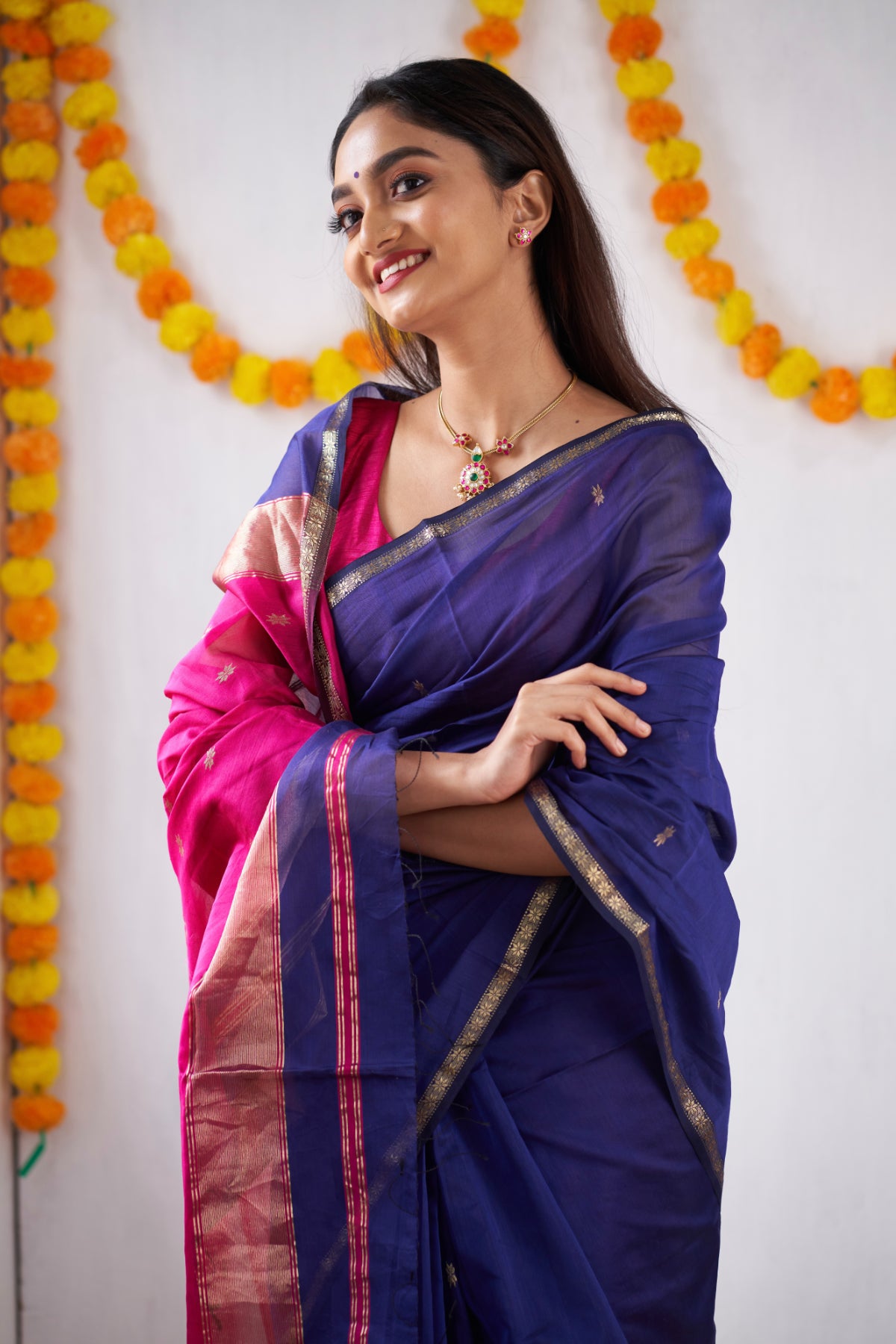 Ethnic Blue Maheshwari Silk Handloom Cotton Saree