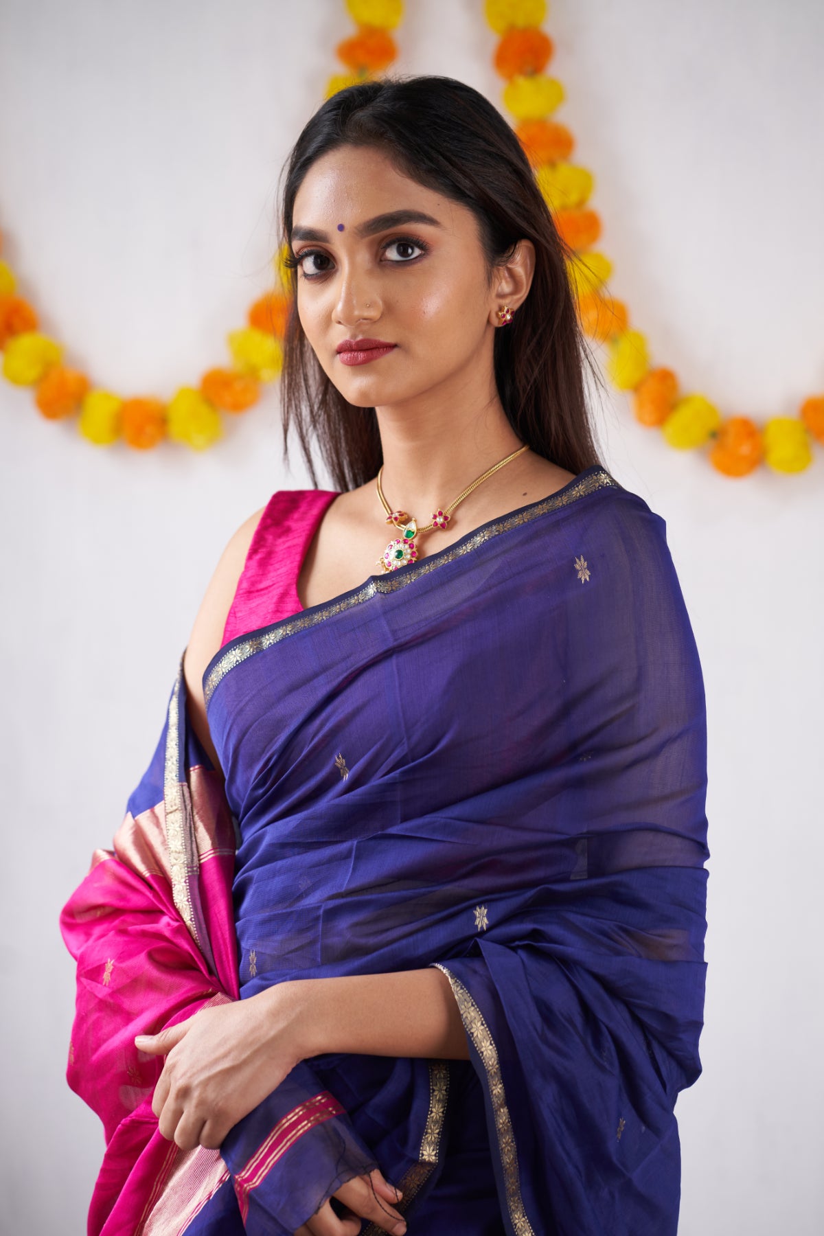 Ethnic Blue Maheshwari Silk Handloom Cotton Saree
