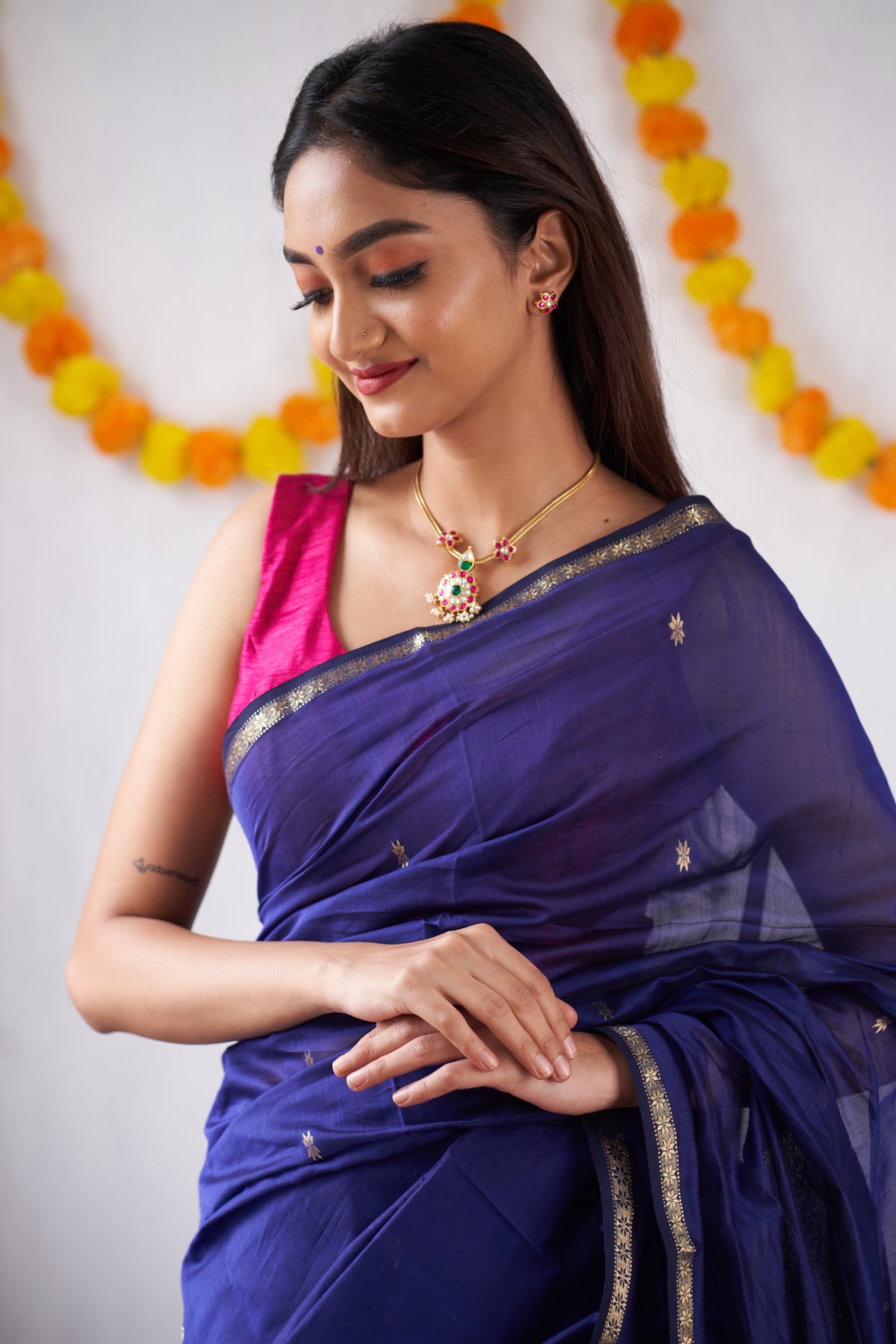 Ethnic Blue Maheshwari Silk Handloom Cotton Saree