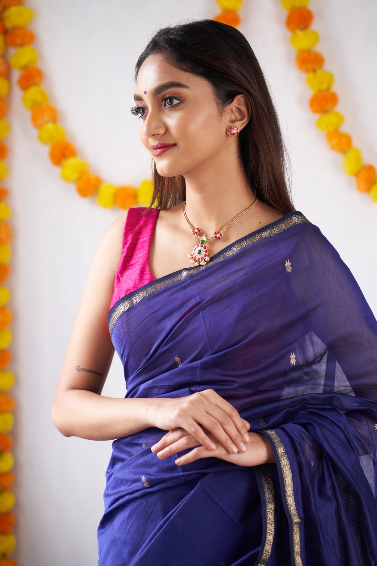 Ethnic Blue Maheshwari Silk Handloom Cotton Saree