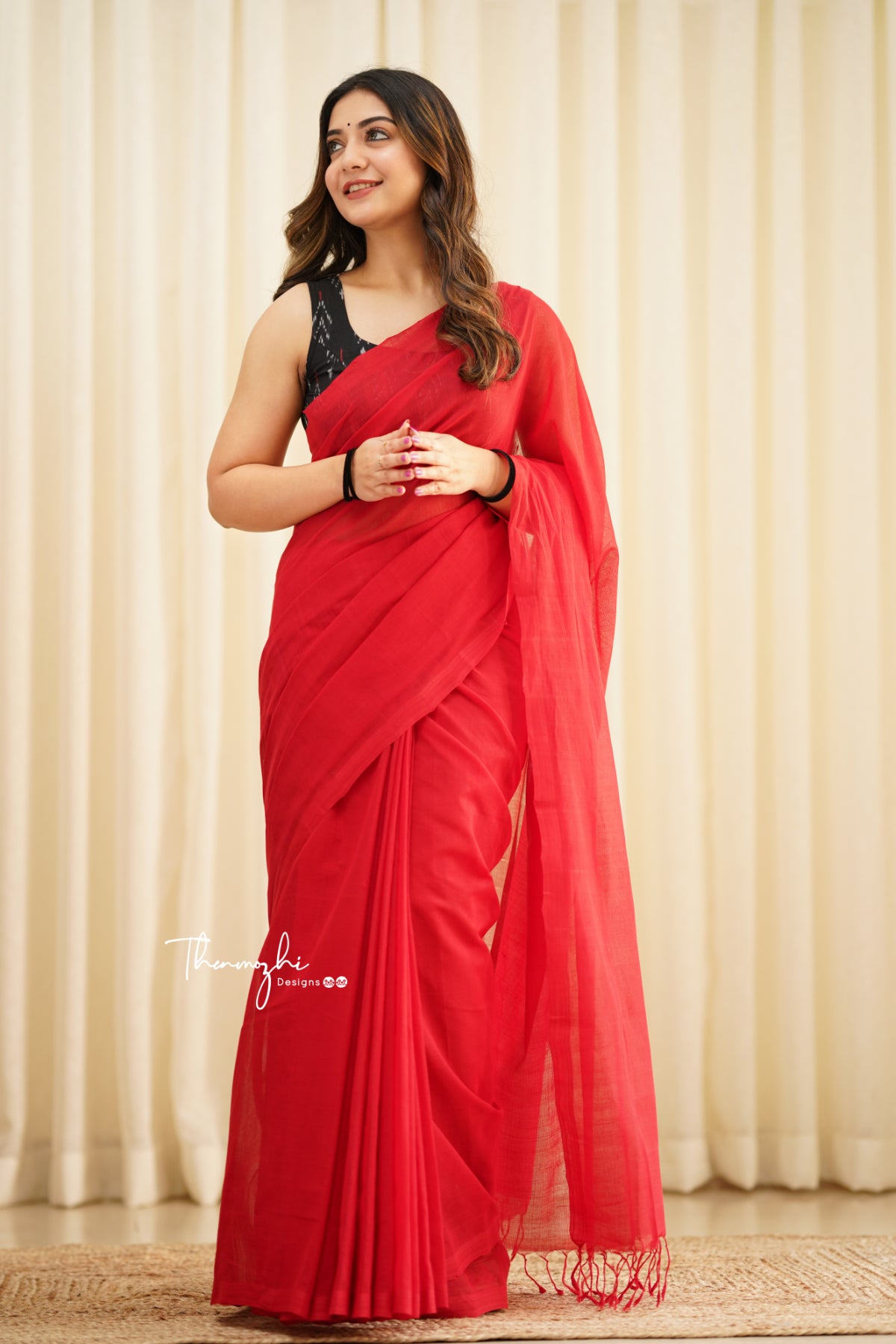 Fire Finch - Red Mangalagiri Plain Cotton Saree