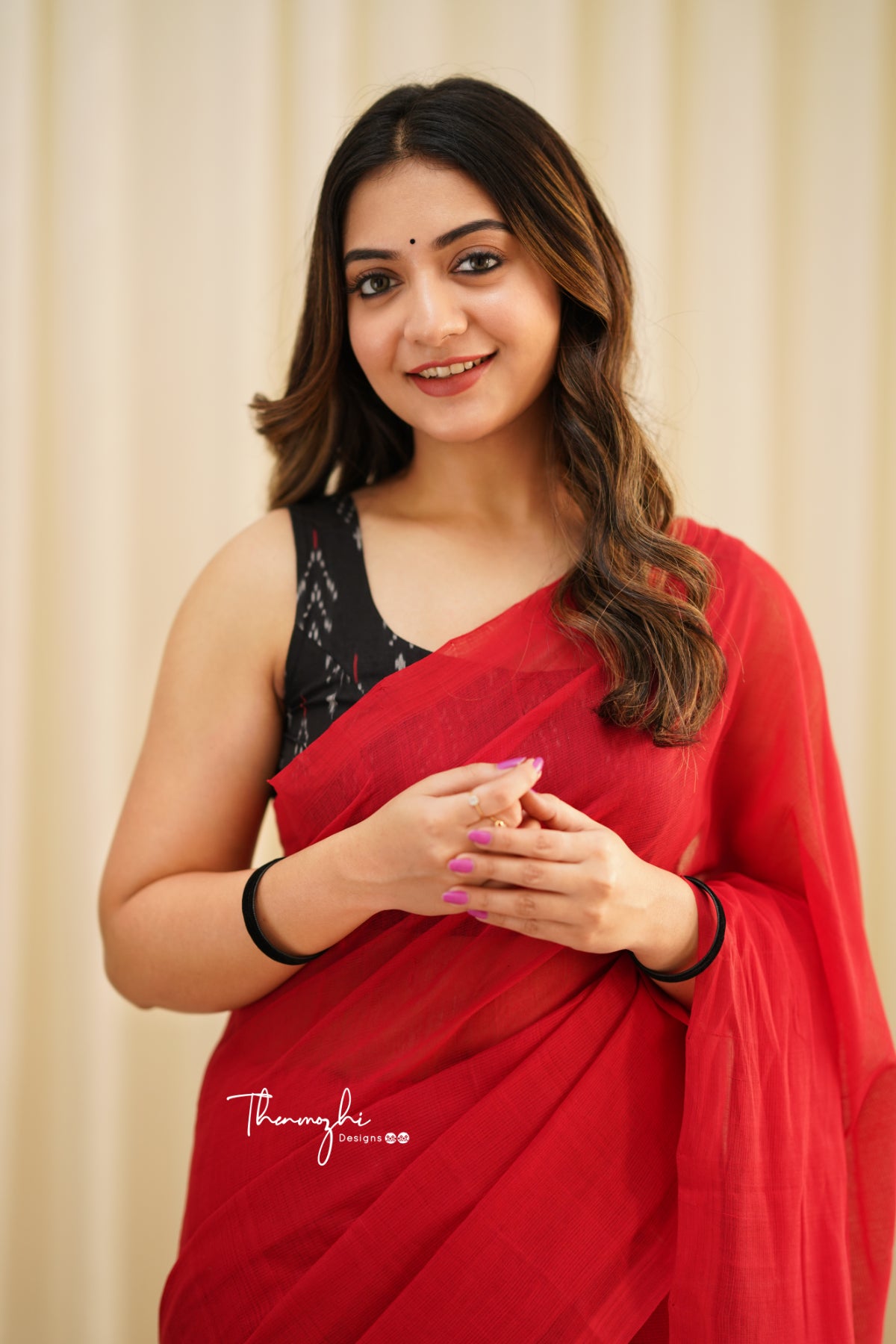 Fire Finch - Red Mangalagiri Plain Cotton Saree