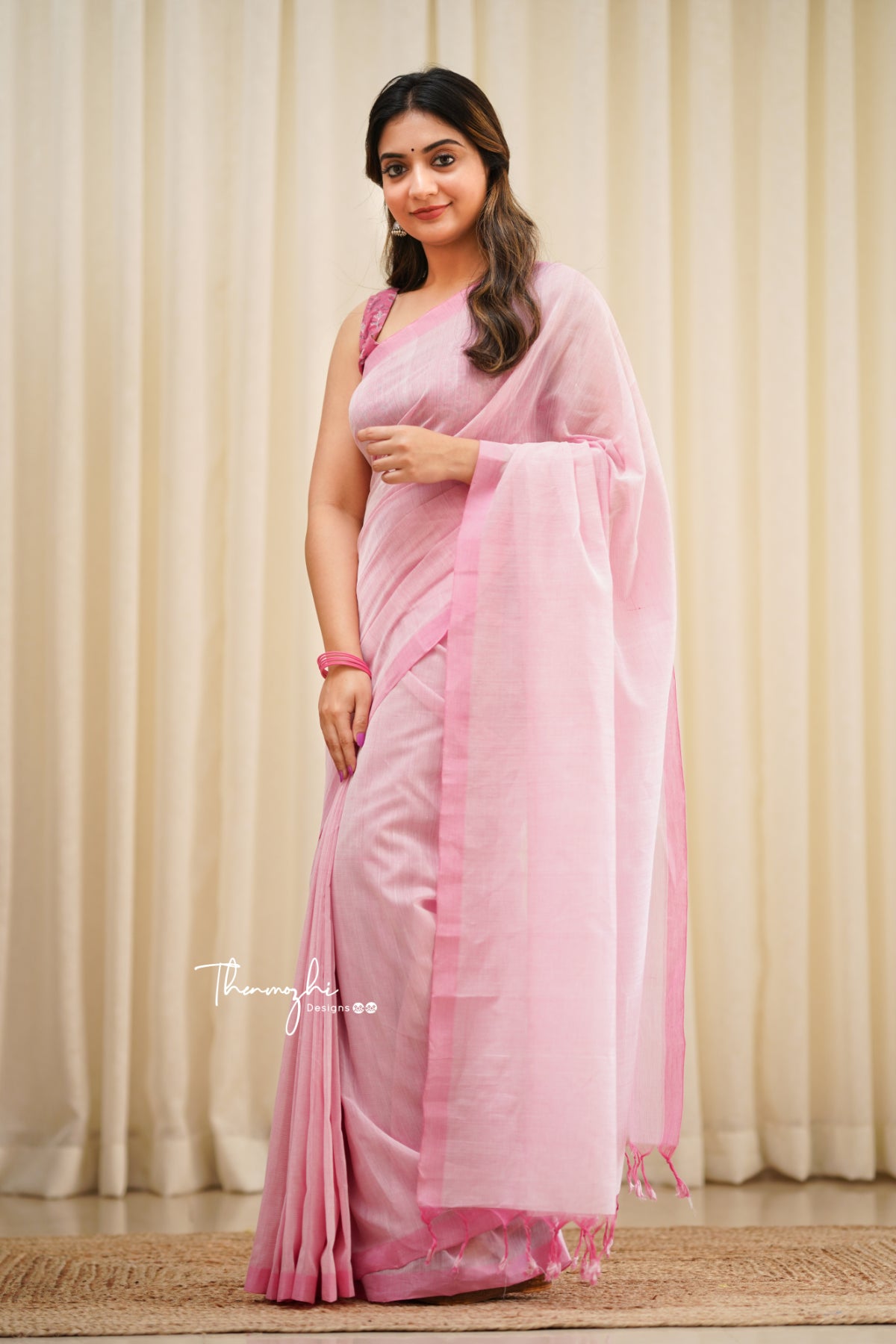Flamingo - Pink Mangalagiri Plain Cotton Saree