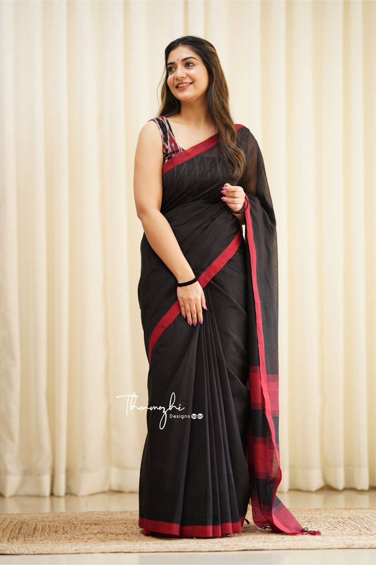 Bulbul - Black Mangalagiri Plain Cotton Saree