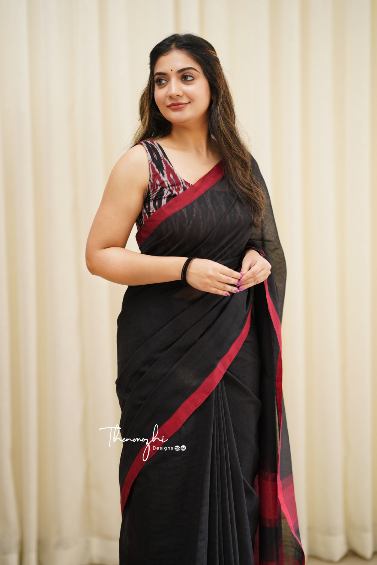 Bulbul - Black Mangalagiri Plain Cotton Saree