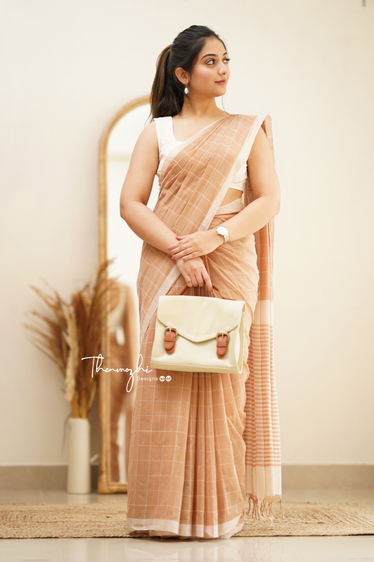 Beige & Half White Checks Mangalagiri Cotton Saree