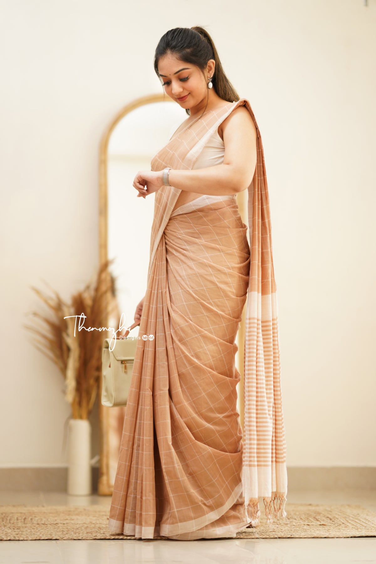 Beige & Half White Checks Mangalagiri Cotton Saree