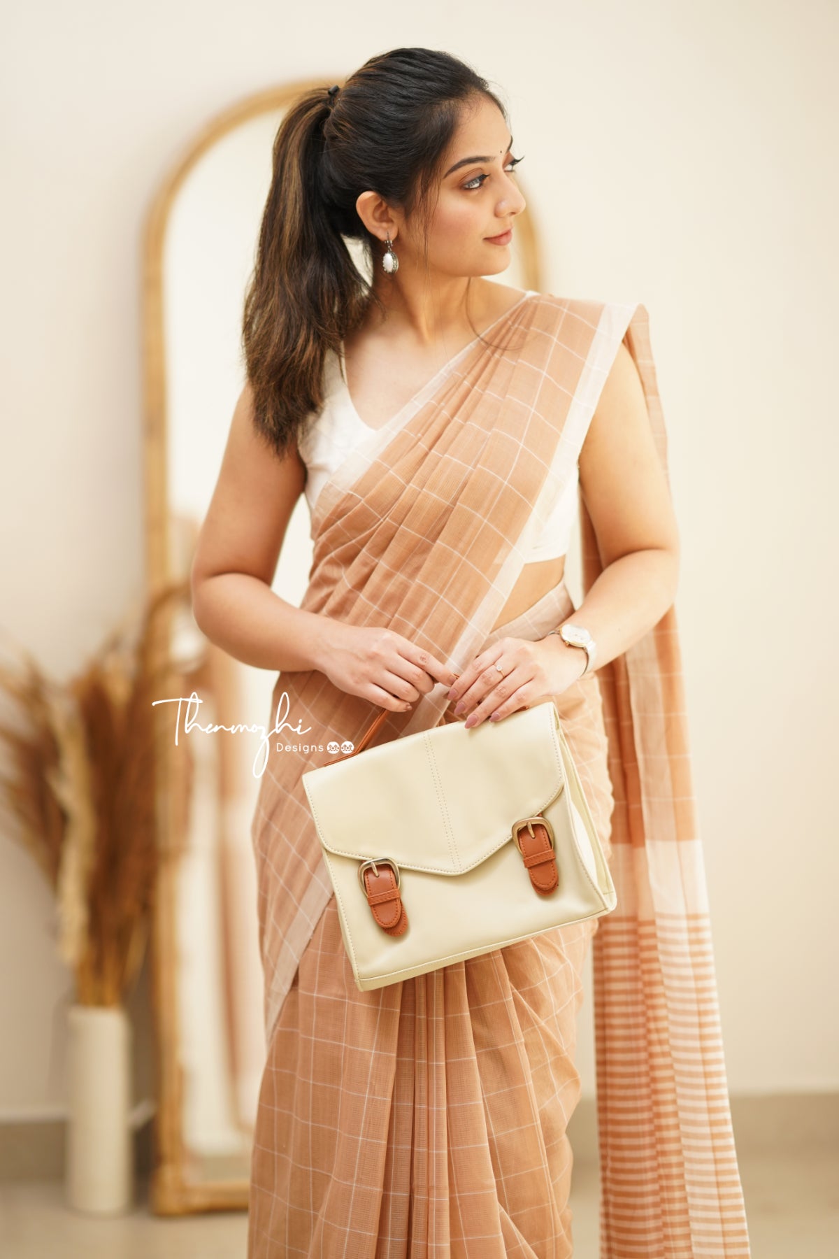 Beige & Half White Checks Mangalagiri Cotton Saree