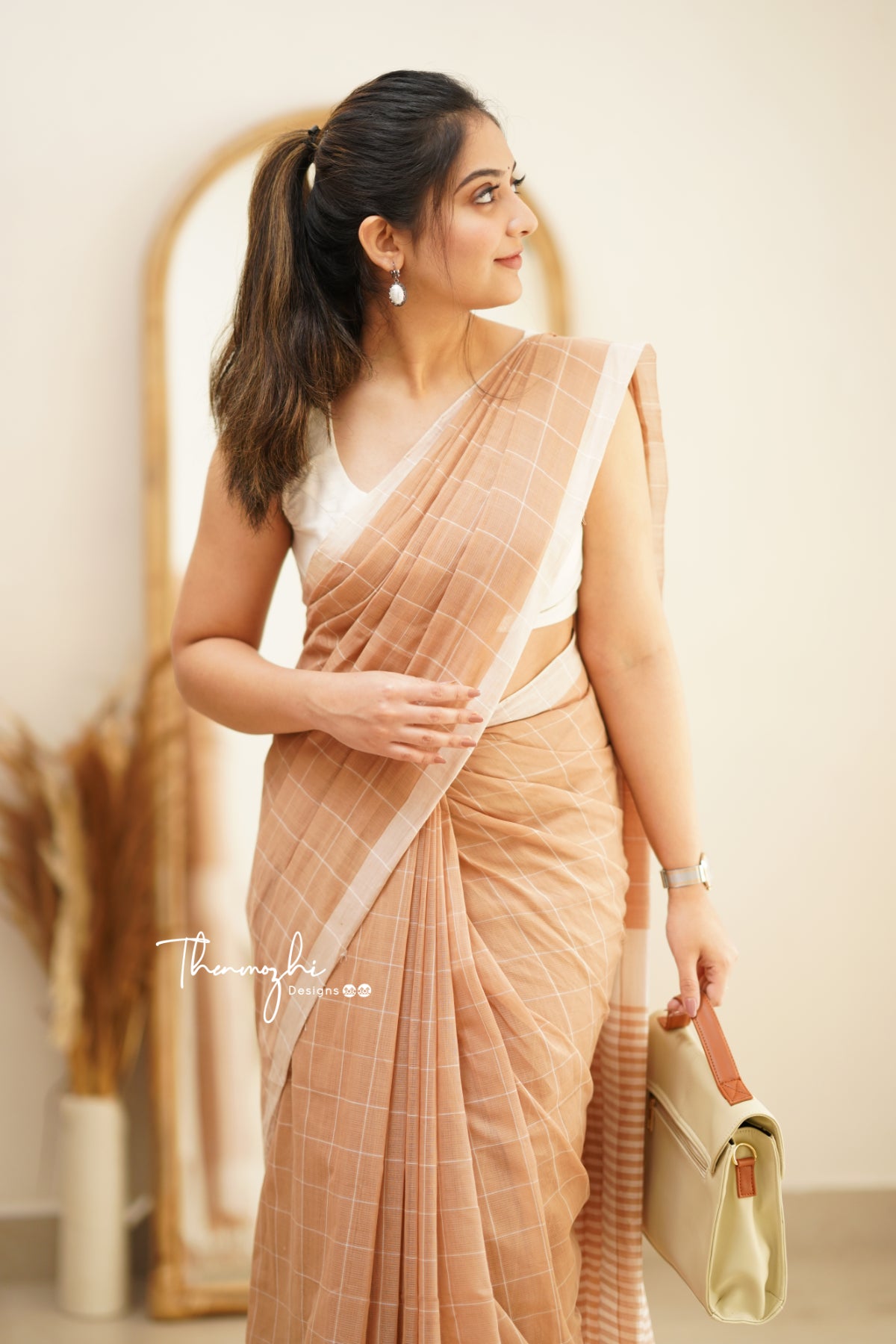 Beige & Half White Checks Mangalagiri Cotton Saree
