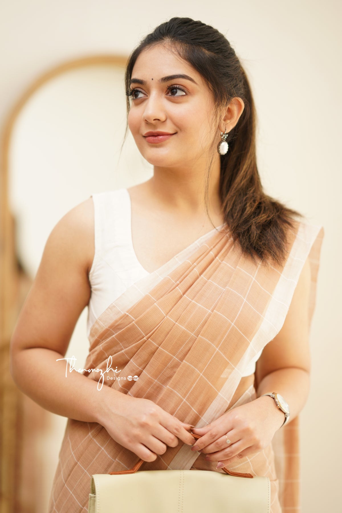 Beige & Half White Checks Mangalagiri Cotton Saree