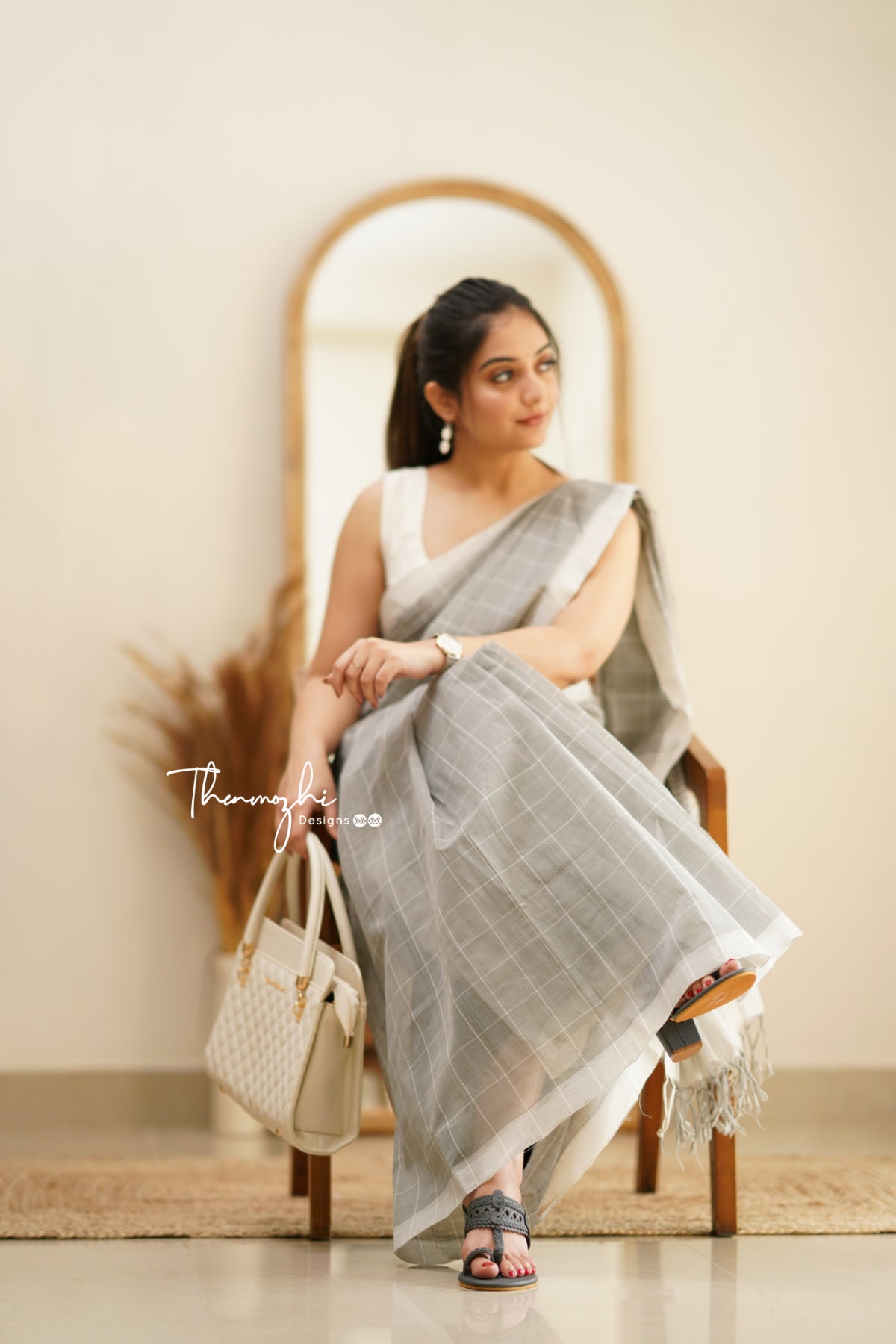 Grey & White Checks Mangalagiri Cotton Saree