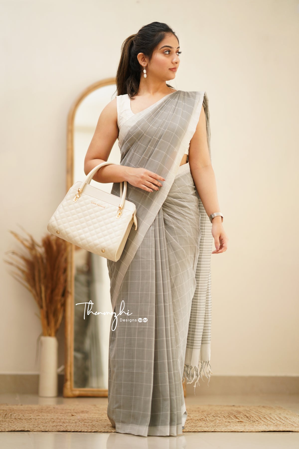Grey & White Checks Mangalagiri Cotton Saree