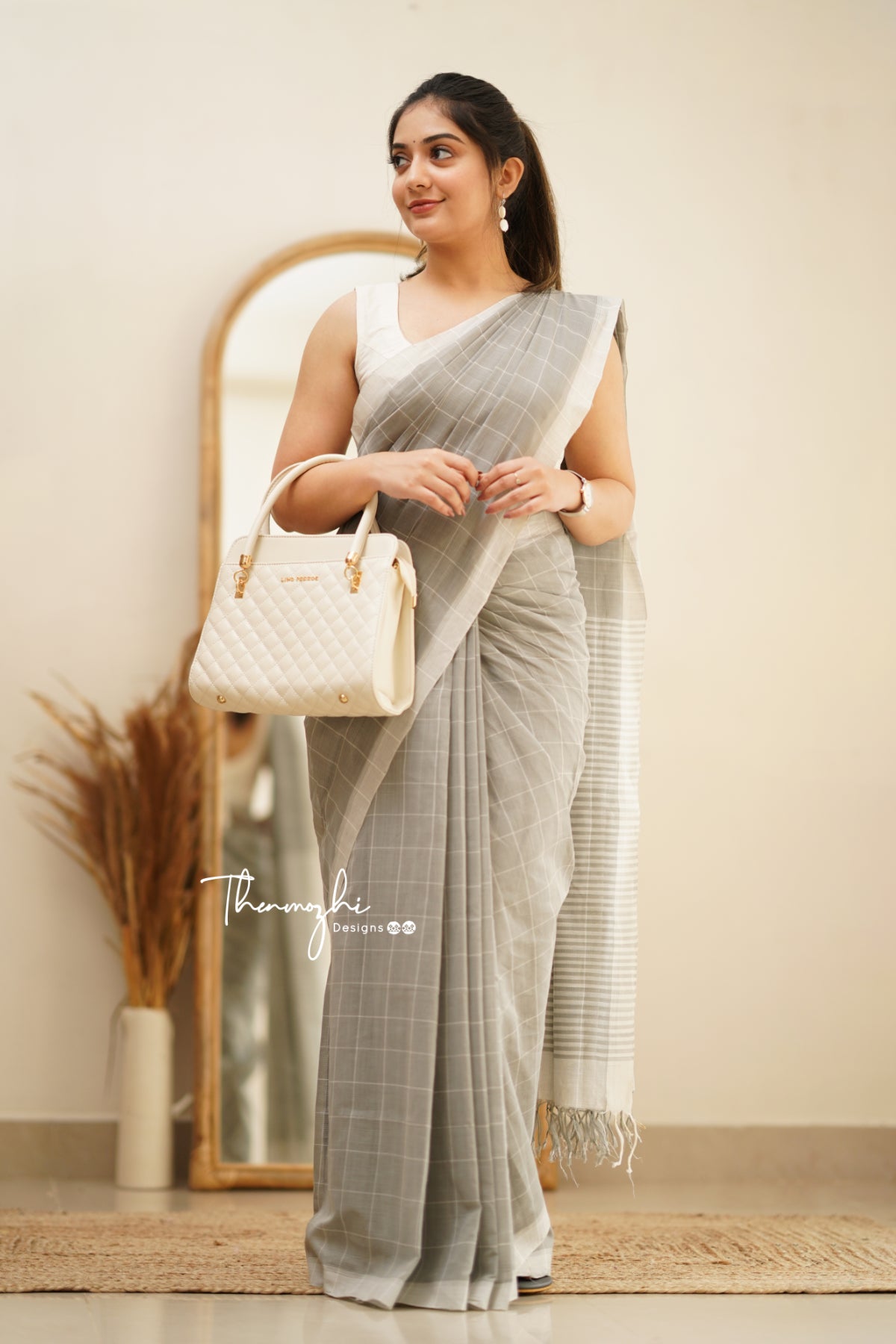 Grey & White Checks Mangalagiri Cotton Saree
