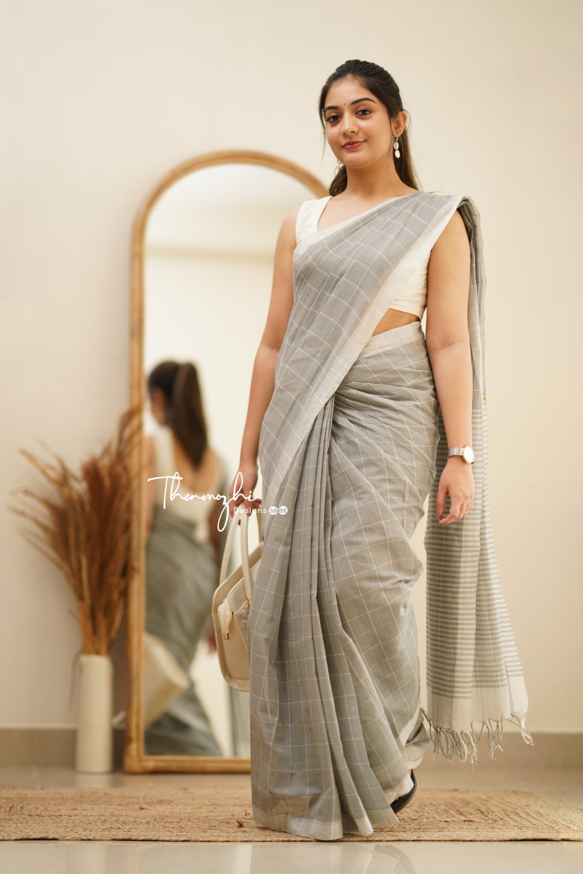 Grey & White Checks Mangalagiri Cotton Saree