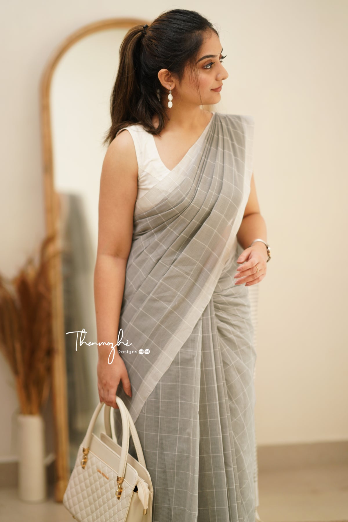 Grey & White Checks Mangalagiri Cotton Saree