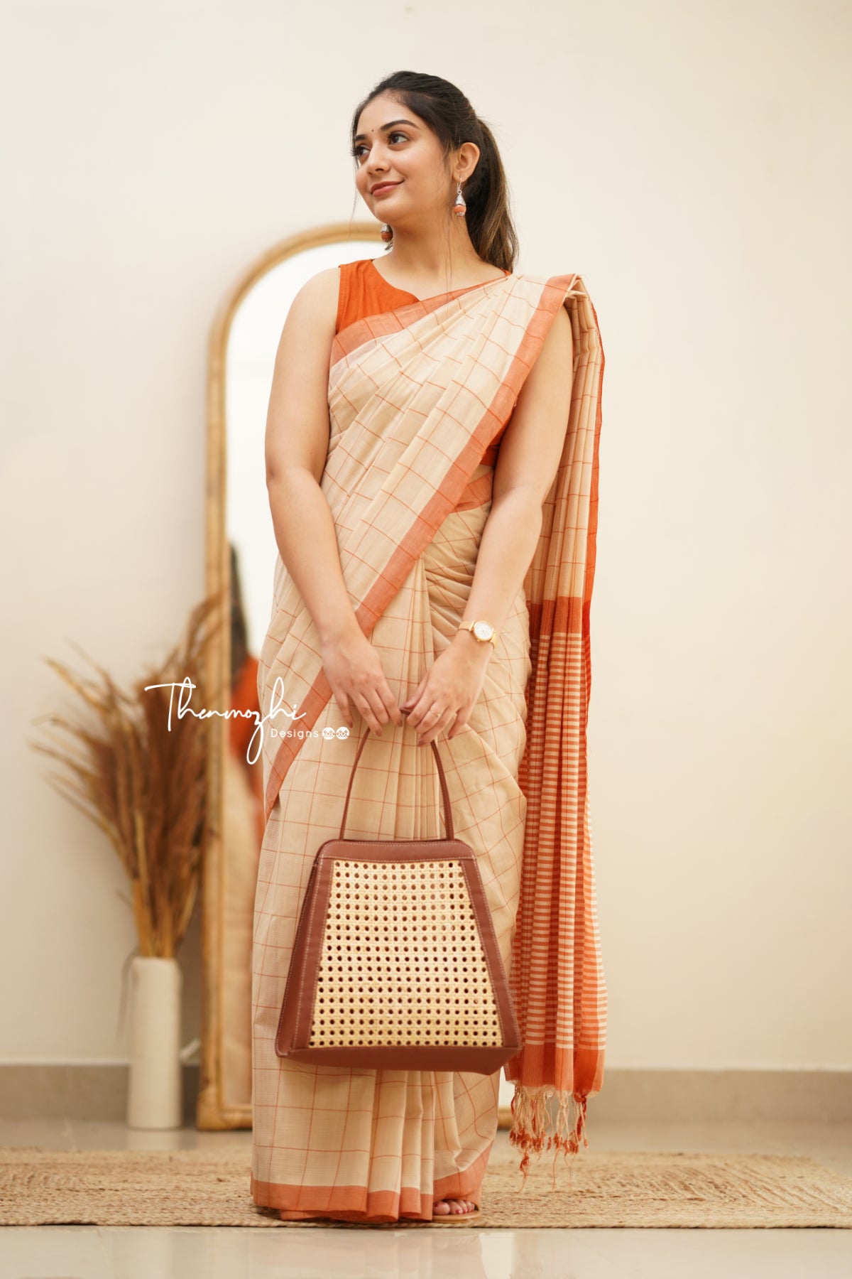 Beige & Orange Checks Mangalagiri Cotton Saree