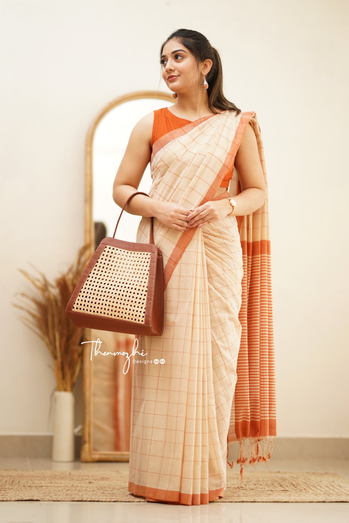 Beige & Orange Checks Mangalagiri Cotton Saree