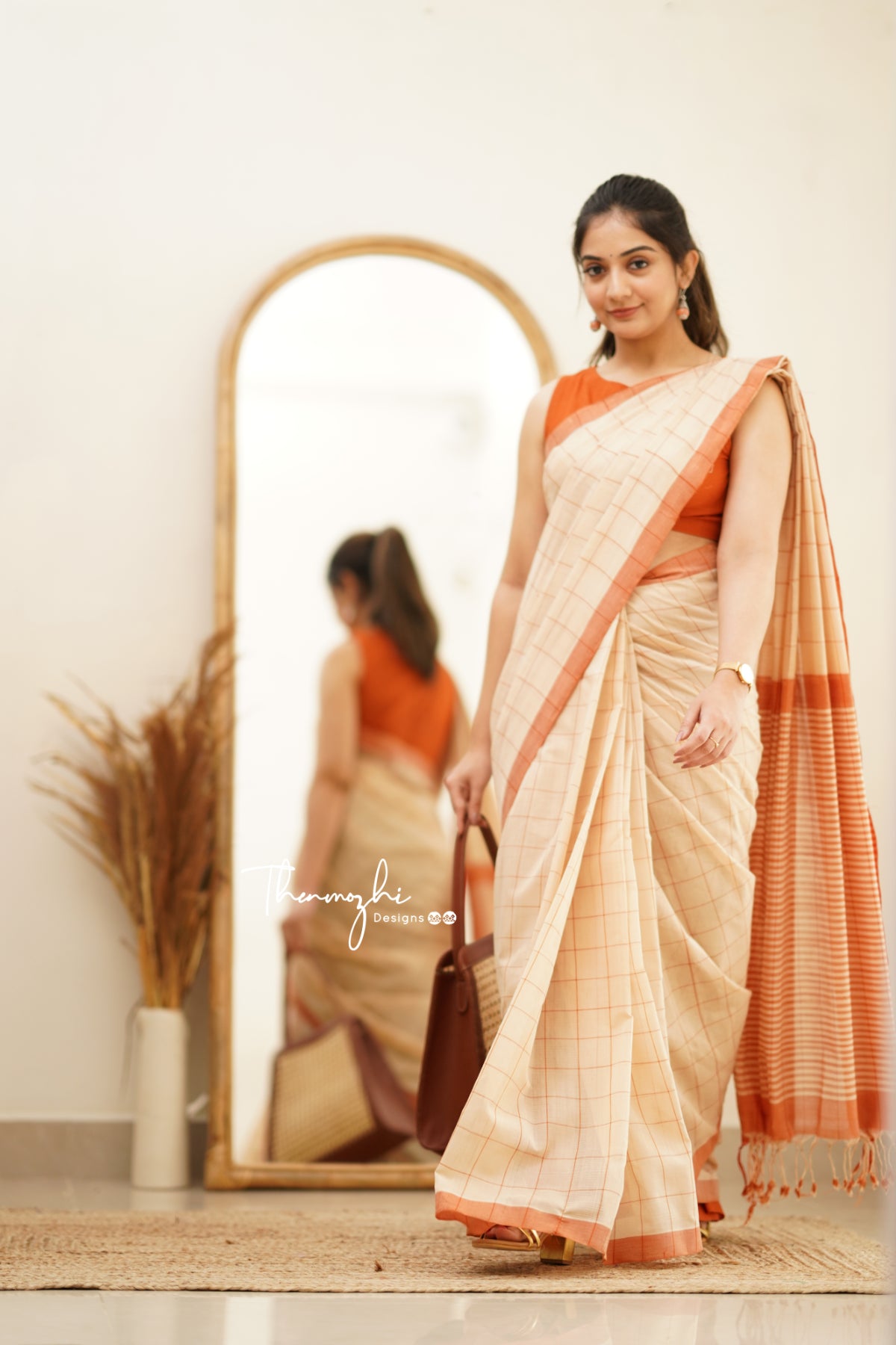 Beige & Orange Checks Mangalagiri Cotton Saree