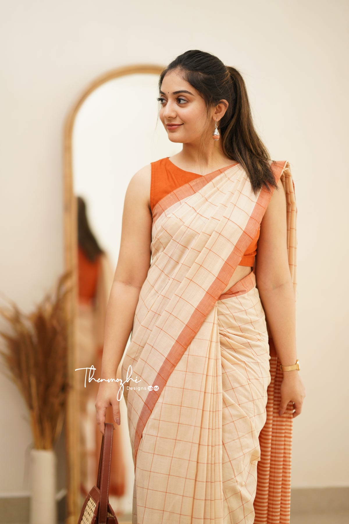 Beige & Orange Checks Mangalagiri Cotton Saree