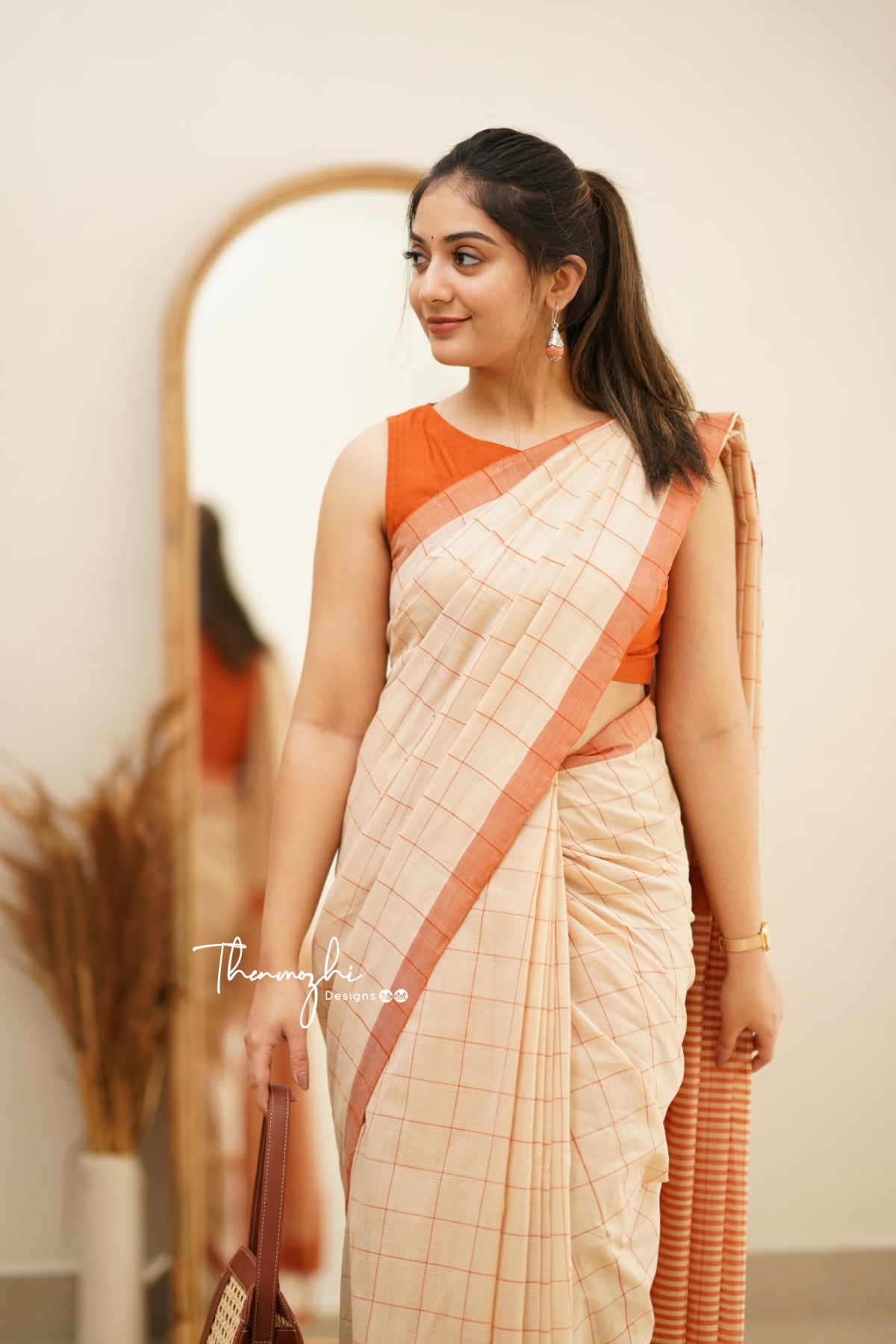 Beige & Orange (Checks) -  Mangalagiri Checked Cotton Saree