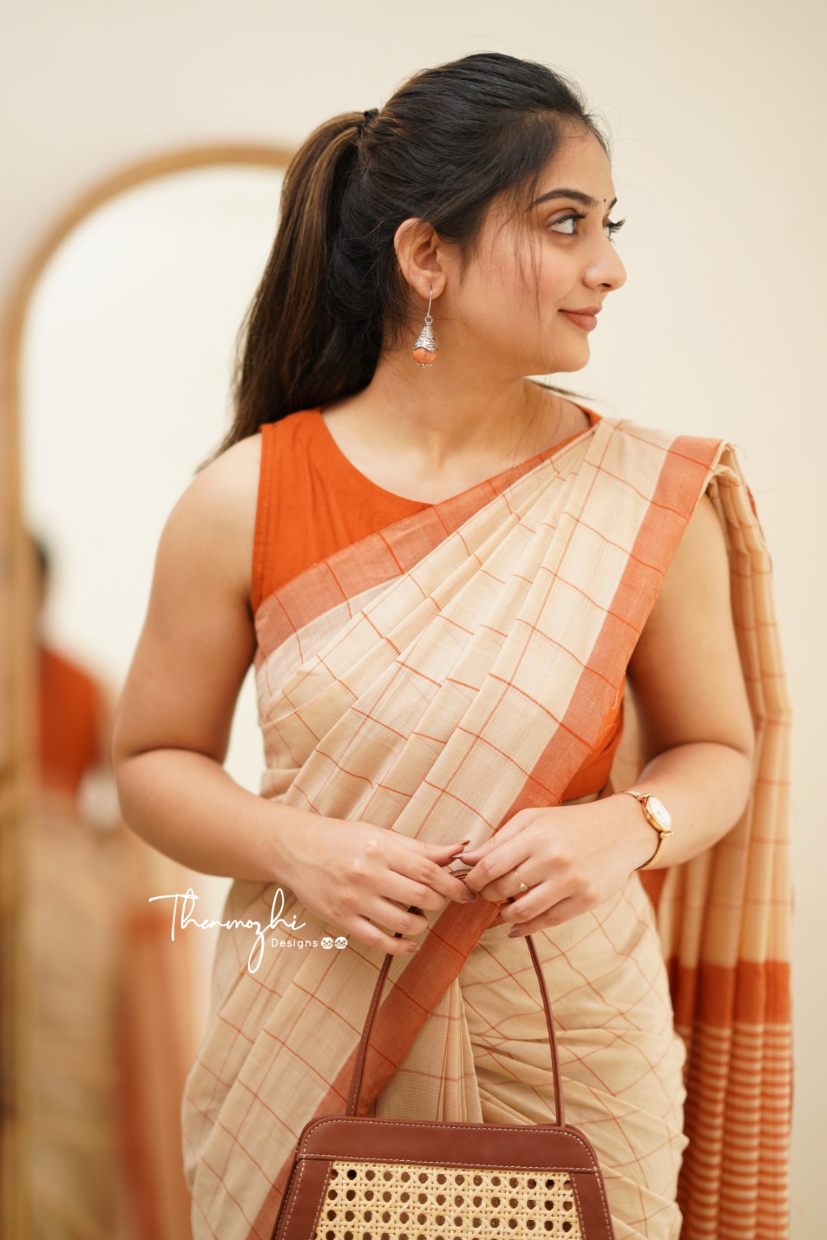 Beige & Orange Checks Mangalagiri Cotton Saree