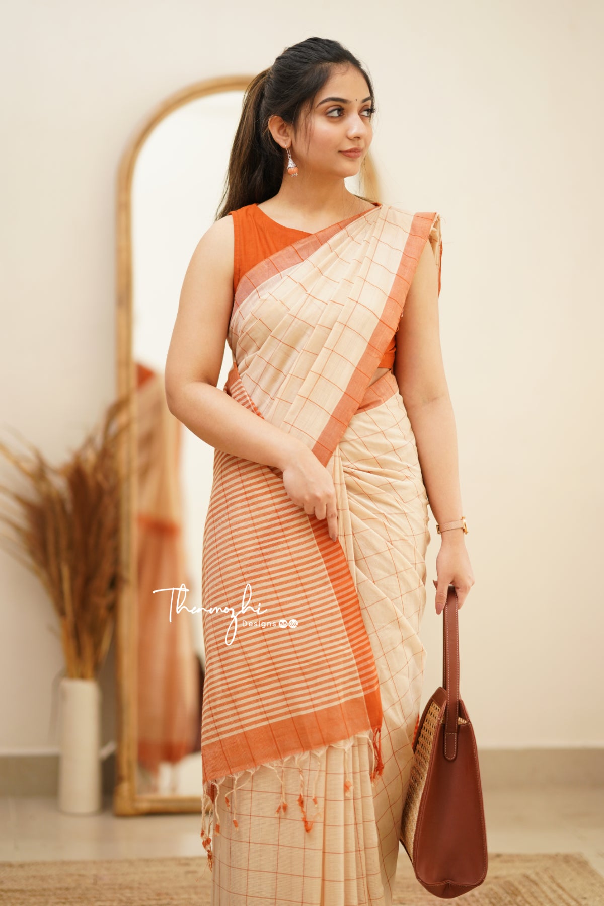 Beige & Orange Checks Mangalagiri Cotton Saree