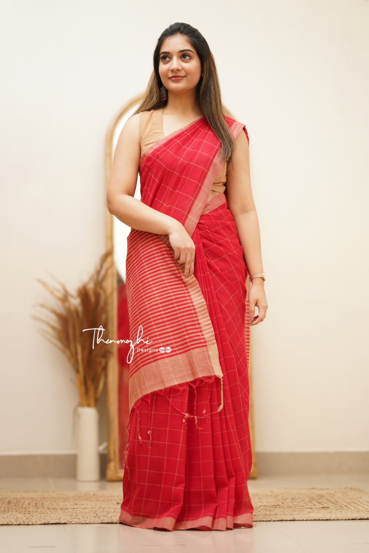 Red & Beige Checks Mangalagiri Cotton Saree