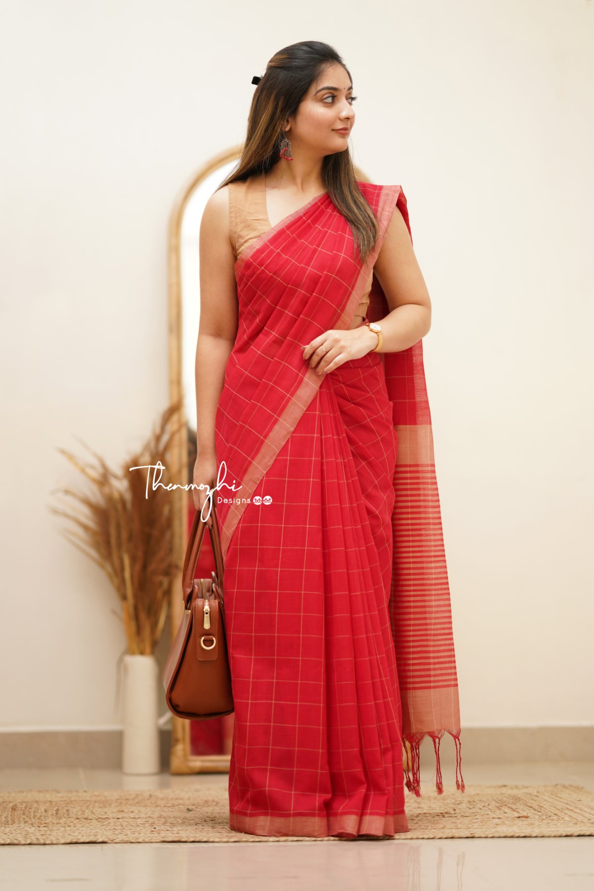 Red & Beige Checks Mangalagiri Cotton Saree