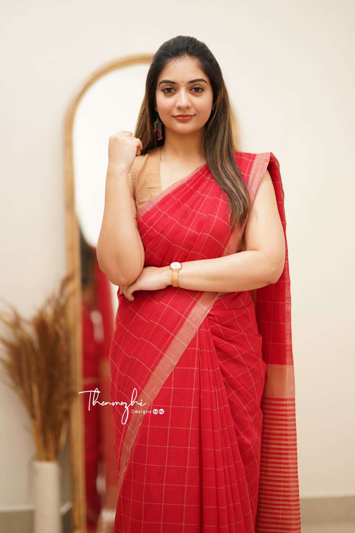 Red & Beige Checks Mangalagiri Cotton Saree