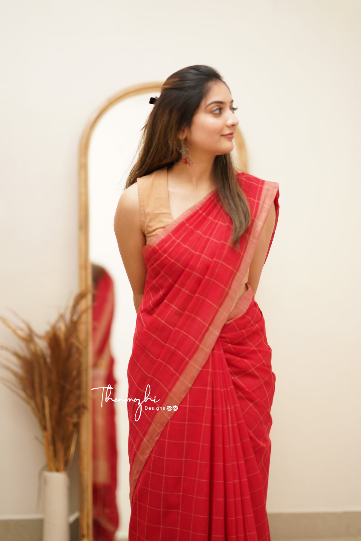 Red & Beige Checks Mangalagiri Cotton Saree