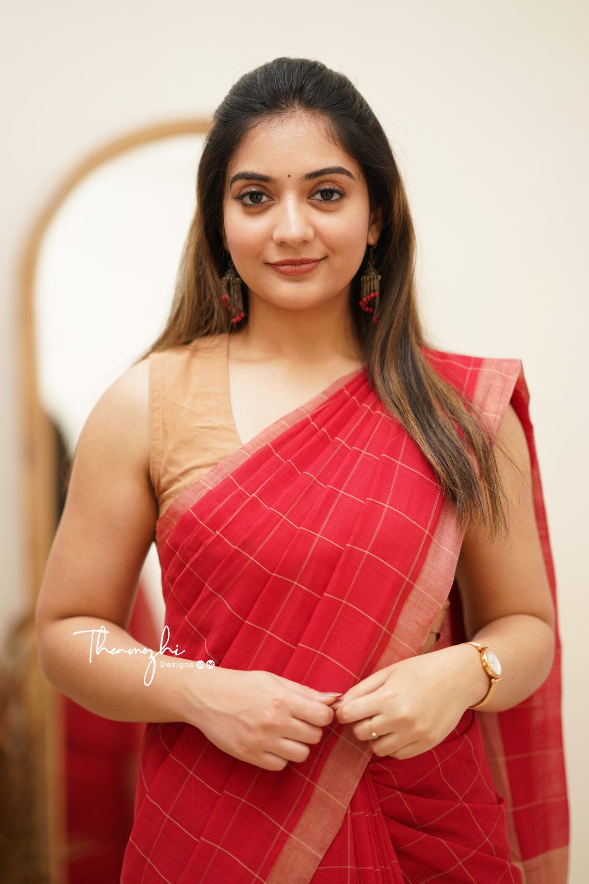 Red & Beige Checks Mangalagiri Cotton Saree