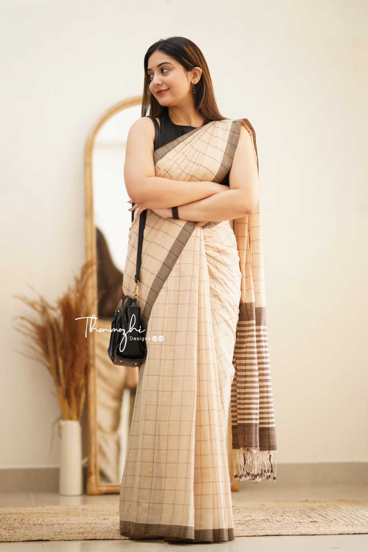 Half White & Black Checks Mangalagiri Cotton Saree