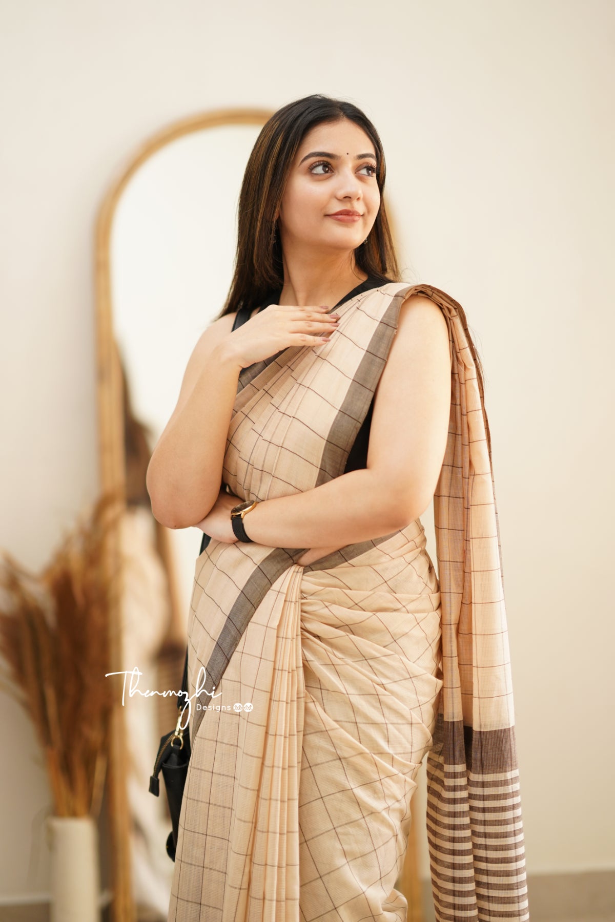 Half White & Black Checks Mangalagiri Cotton Saree
