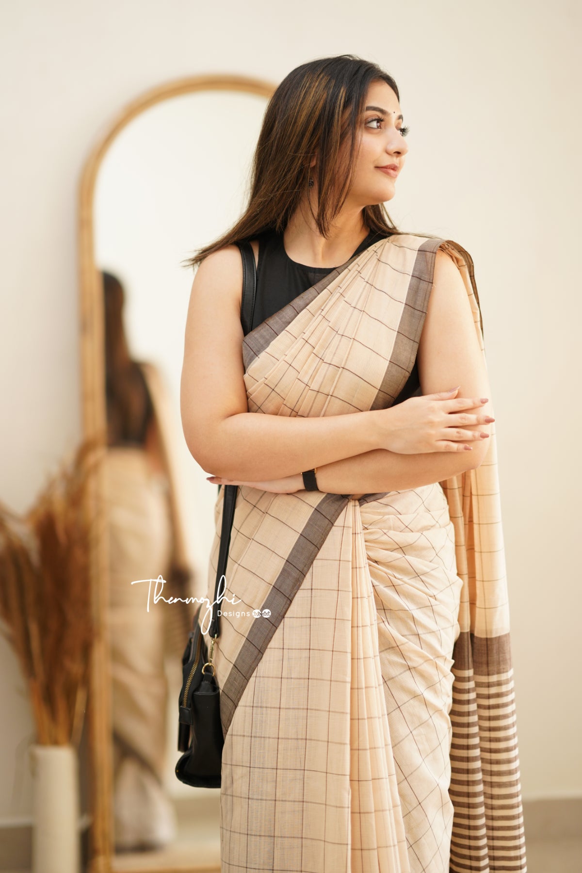Half White & Black Checks Mangalagiri Cotton Saree
