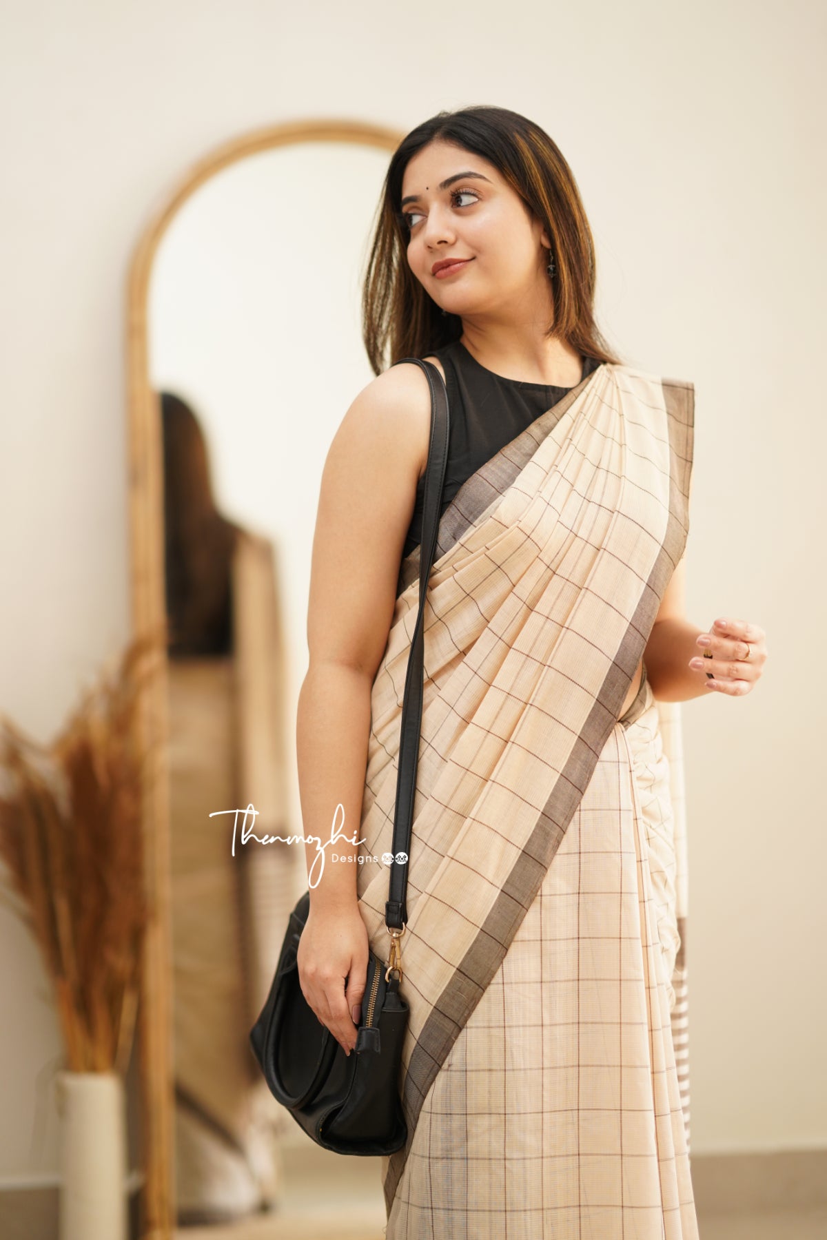 Half White & Black Checks Mangalagiri Cotton Saree