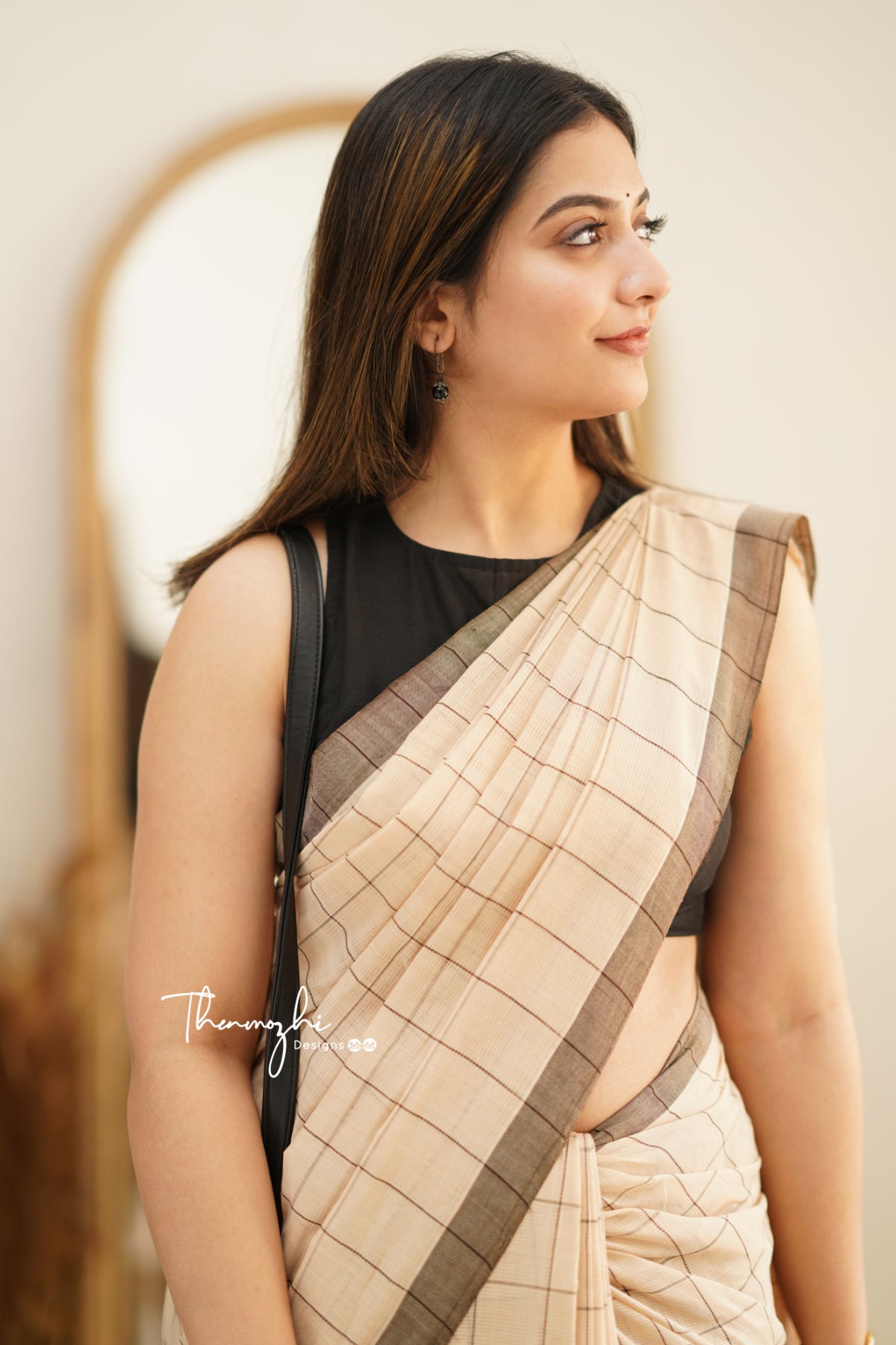 Half White & Black Checks Mangalagiri Cotton Saree